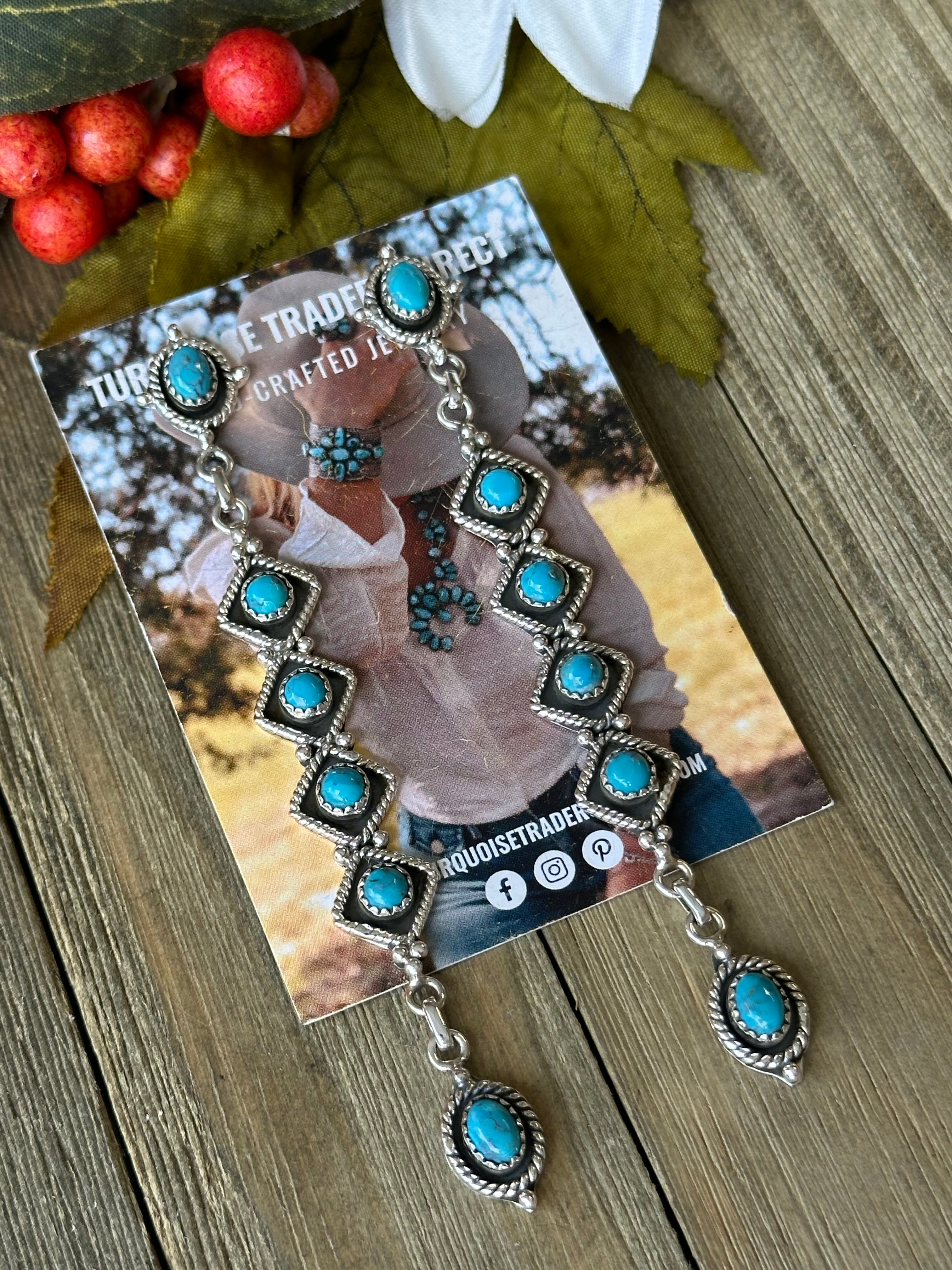 Southwest Handmade Kingman Turquoise & Sterling Silver Post Dangle Cluster Earrings