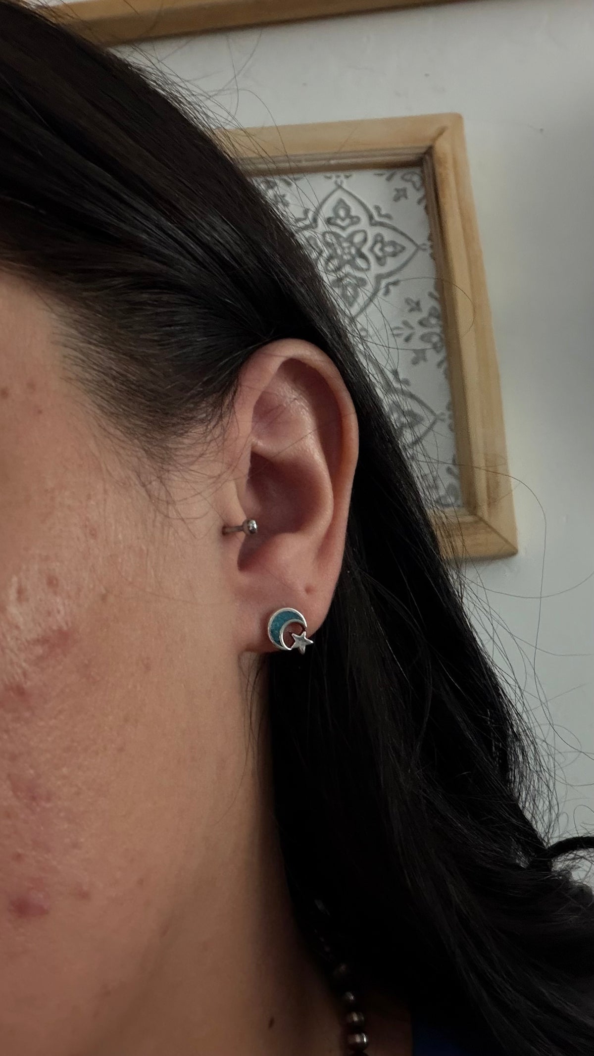 Navajo Made Flake Inlay Turquoise & Sterling Silver Post Moon/Star Earrings