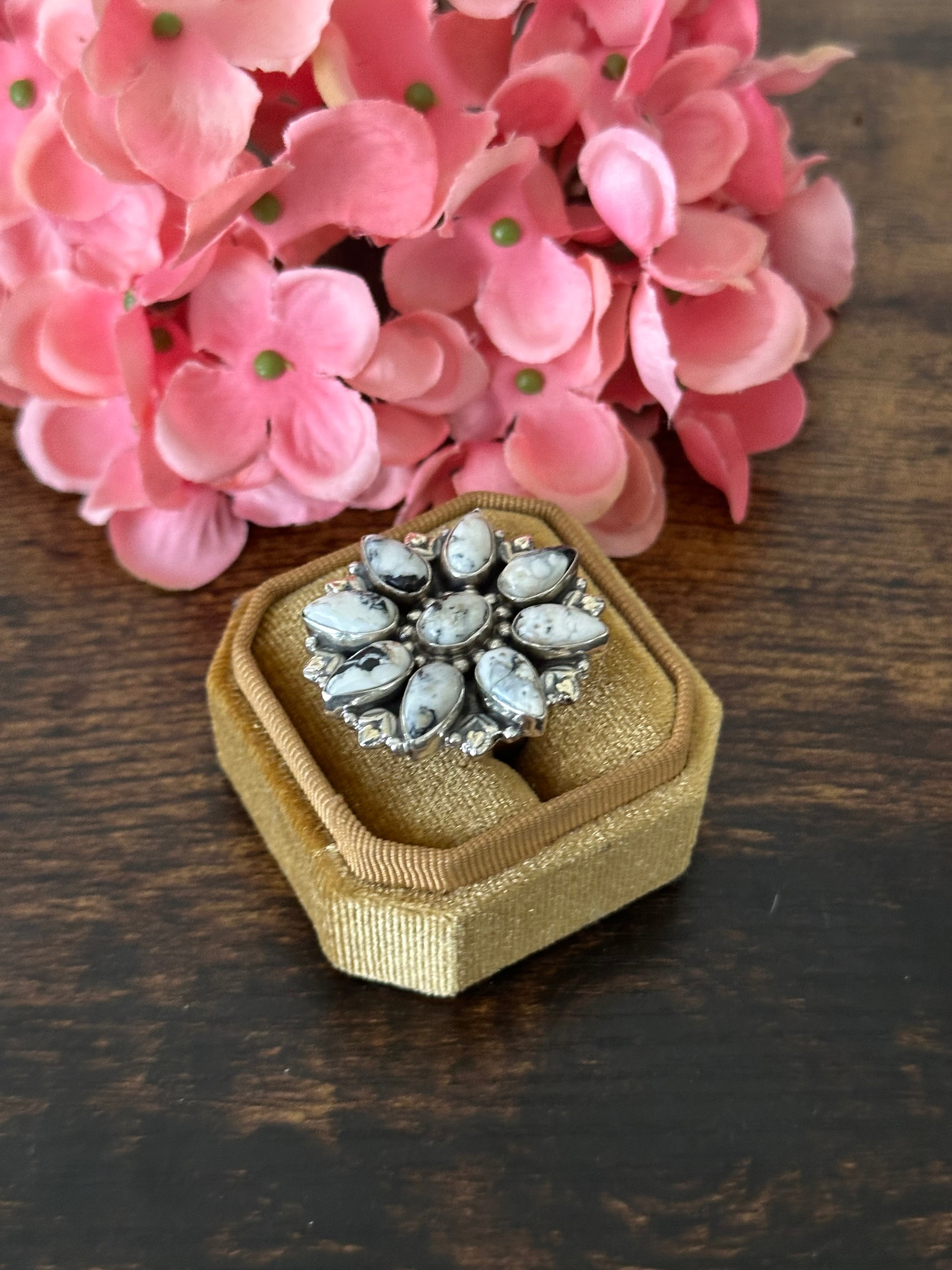 Southwest Handmade White Buffalo & Sterling Silver Cluster Adjustable Ring