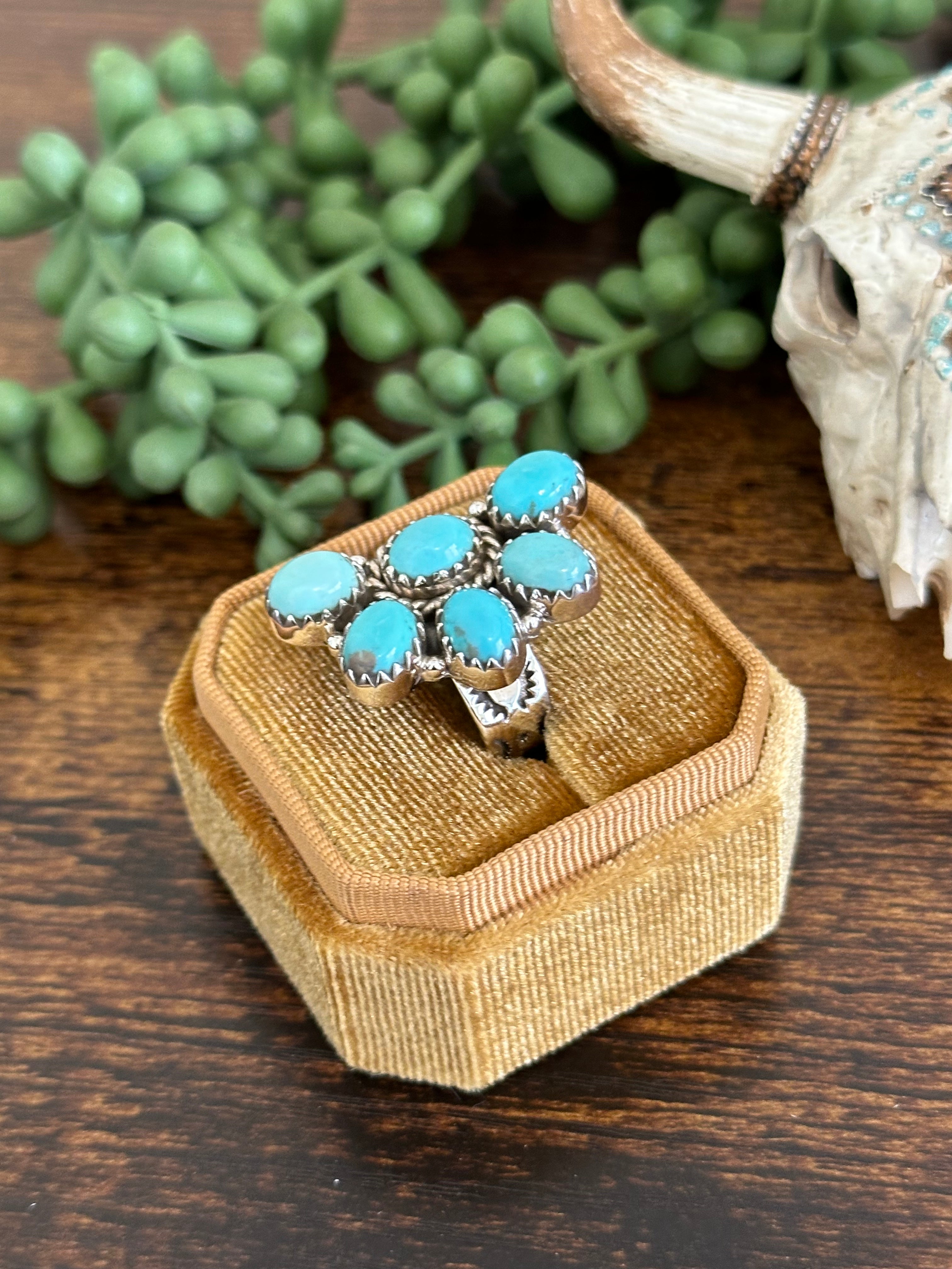 Southwest Handmade Kingman Turquoise & Sterling Silver Adjustable Cluster Ring