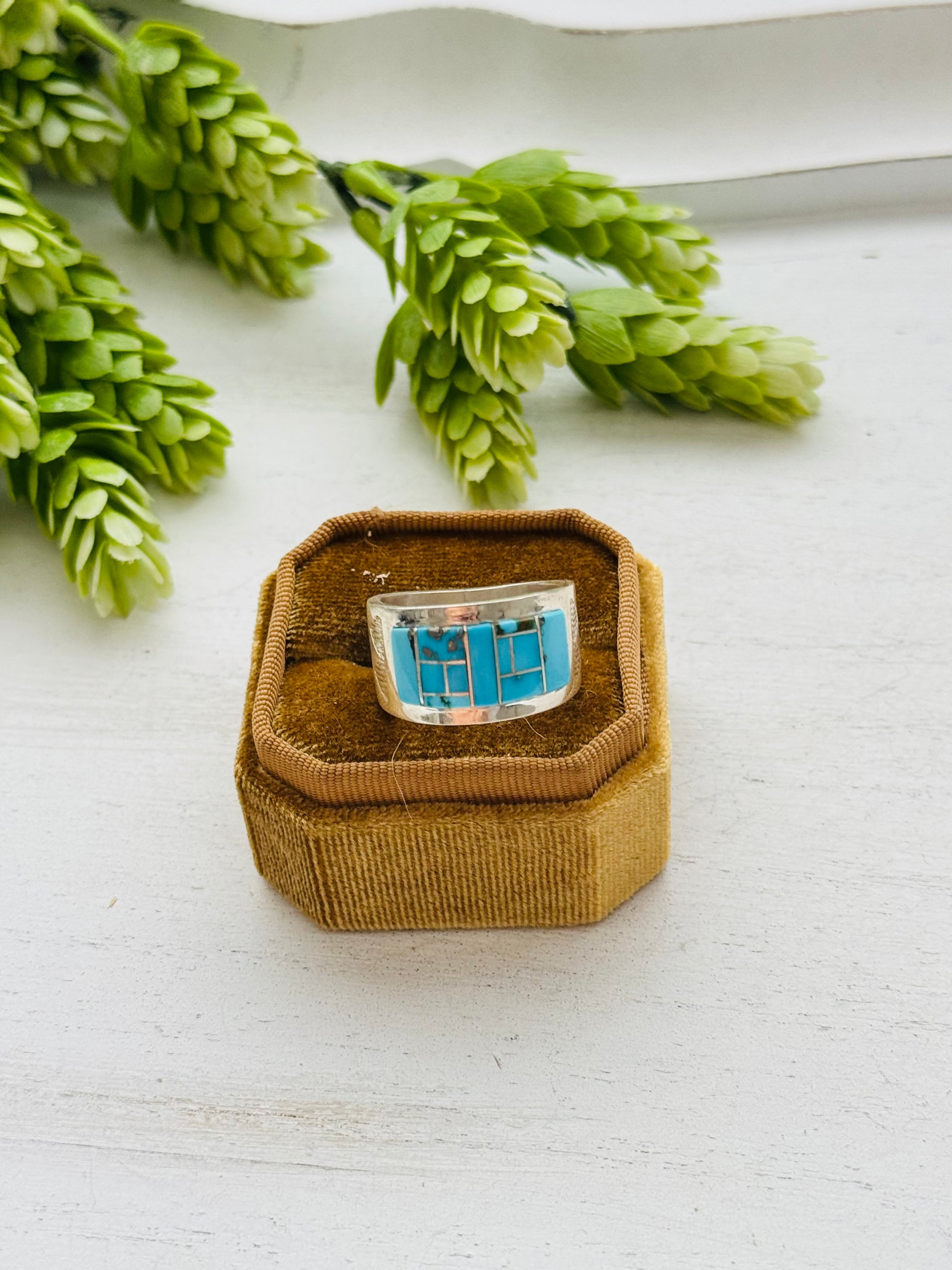 Mike Perry Turquoise & Sterling Silver Inlay Ring Size 9.75