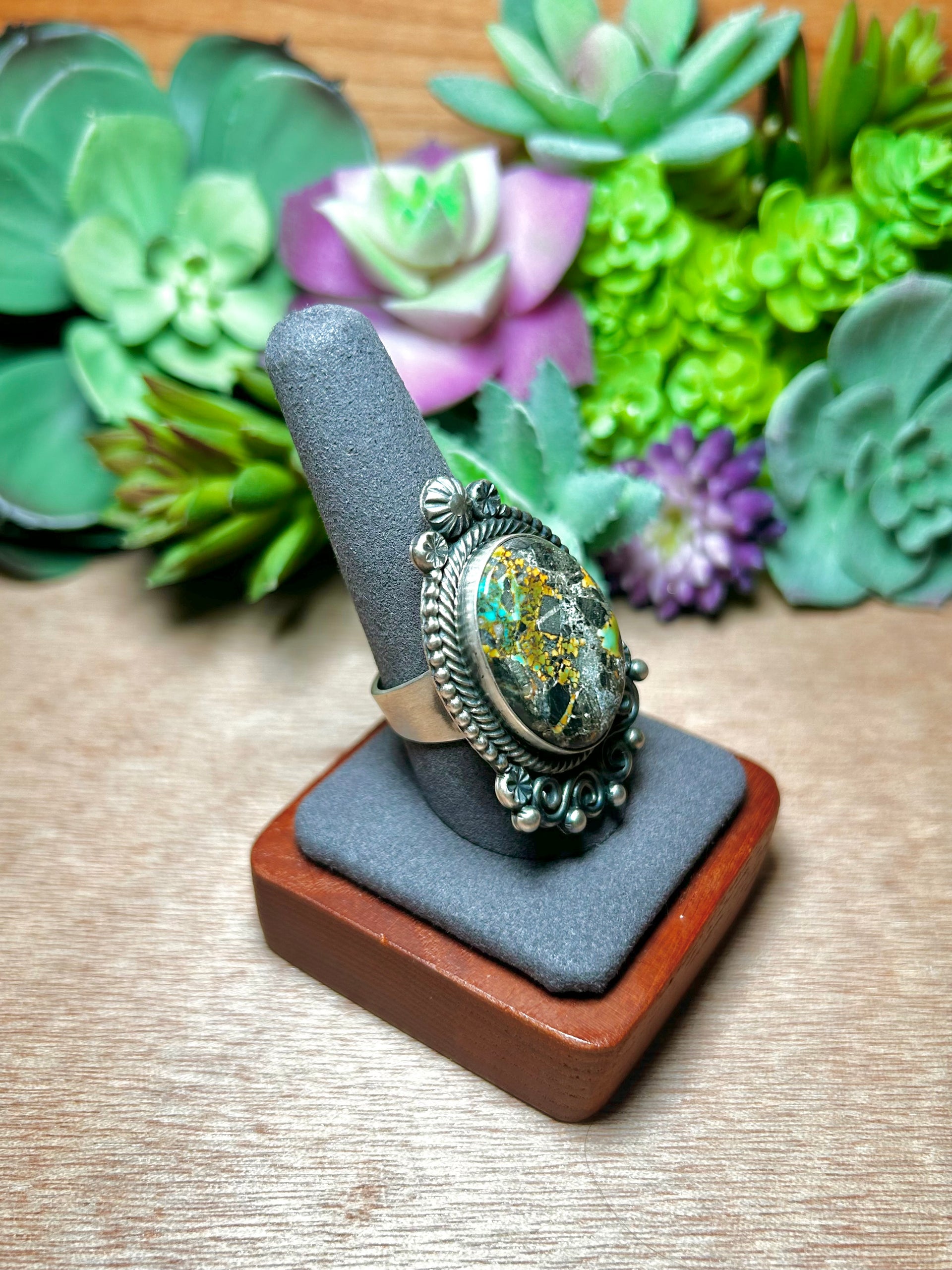 Navajo Made Black Jack Turquoise & Sterling Silver Ring Size 9.5