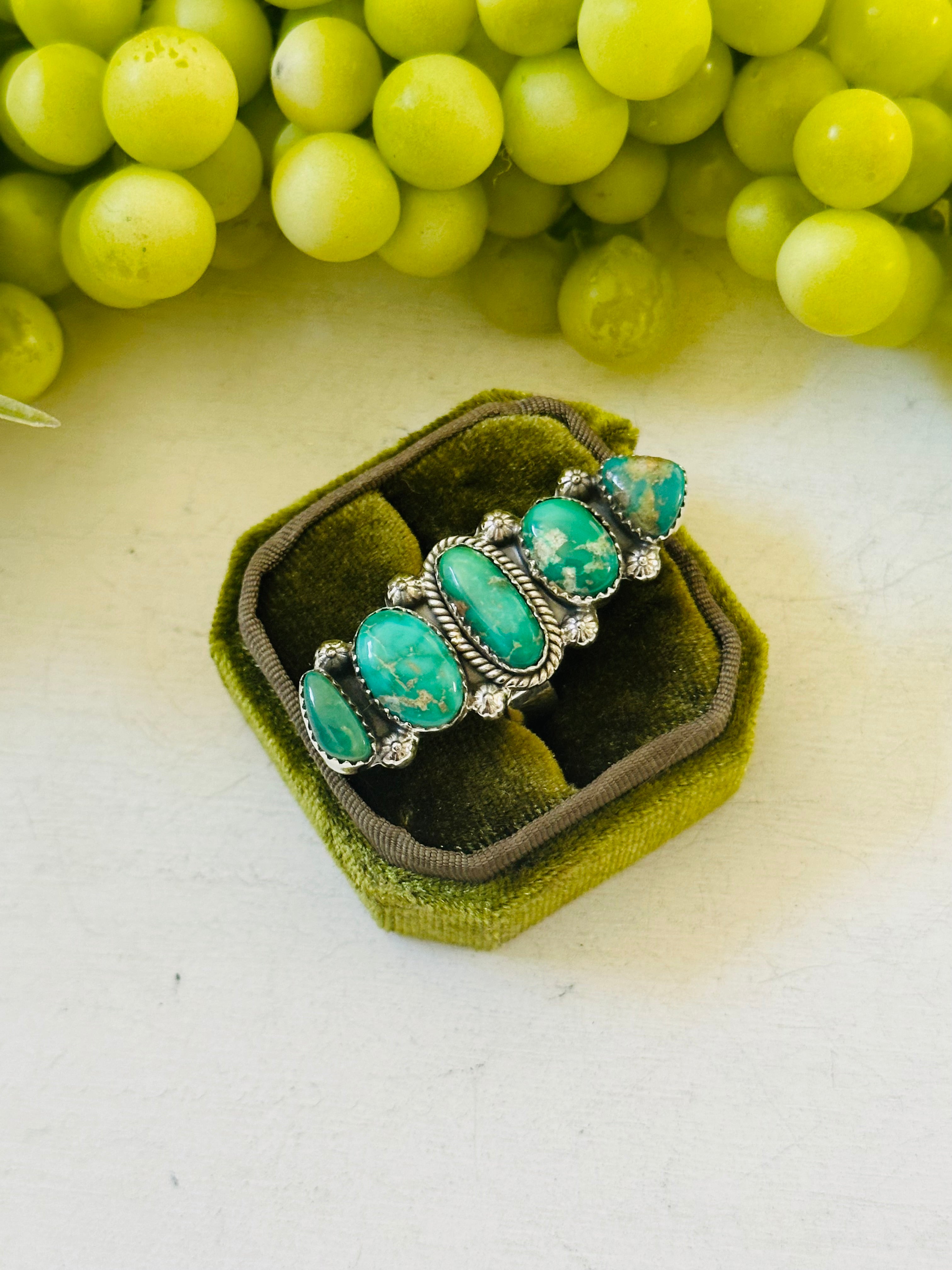 Southwest Handmade Emerald Valley Turquoise & Sterling Silver Adjustable Cluster Ring