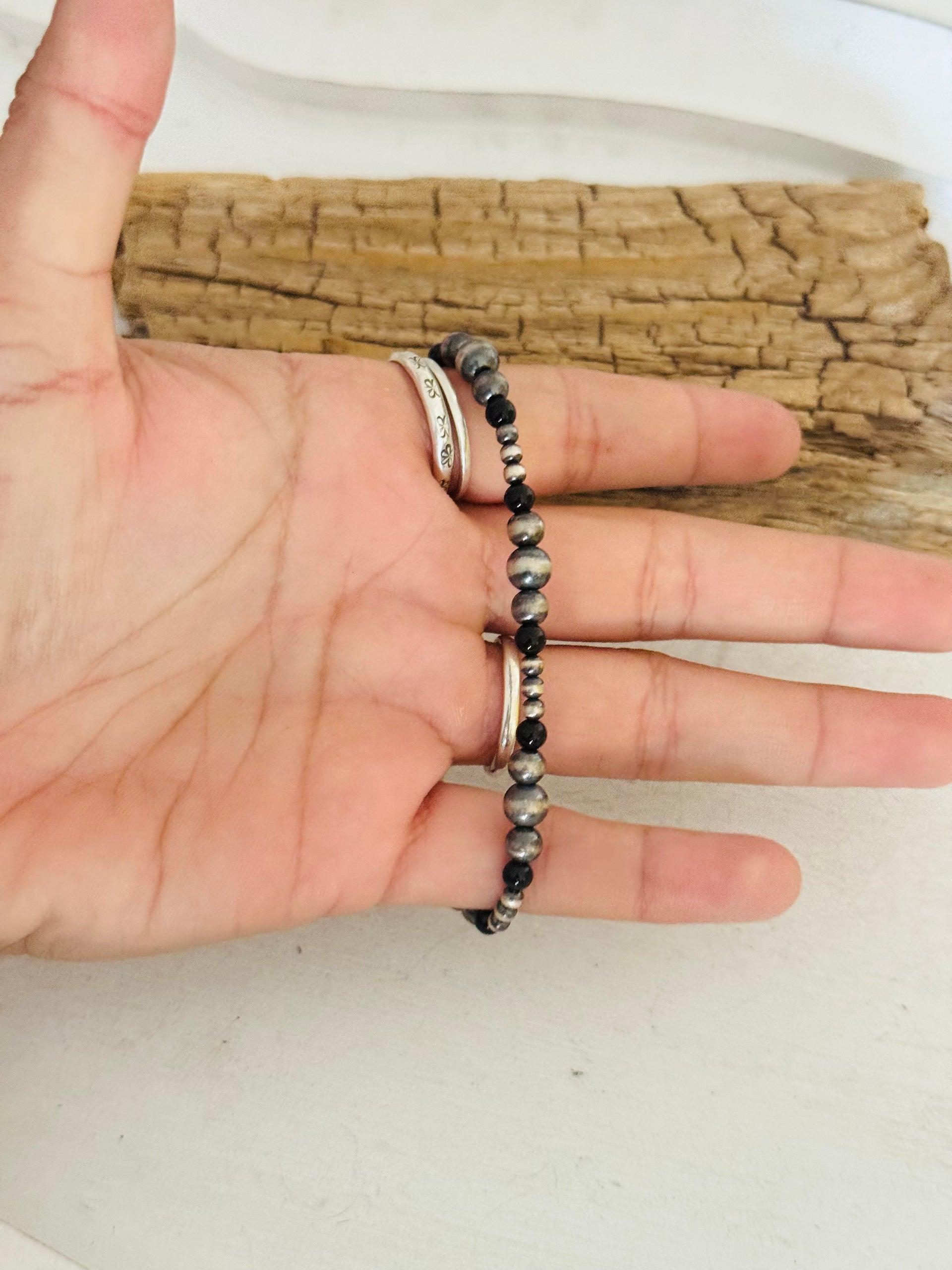 Navajo Strung Onyx & Sterling Silver Pearl Beaded Stretch Bracelet