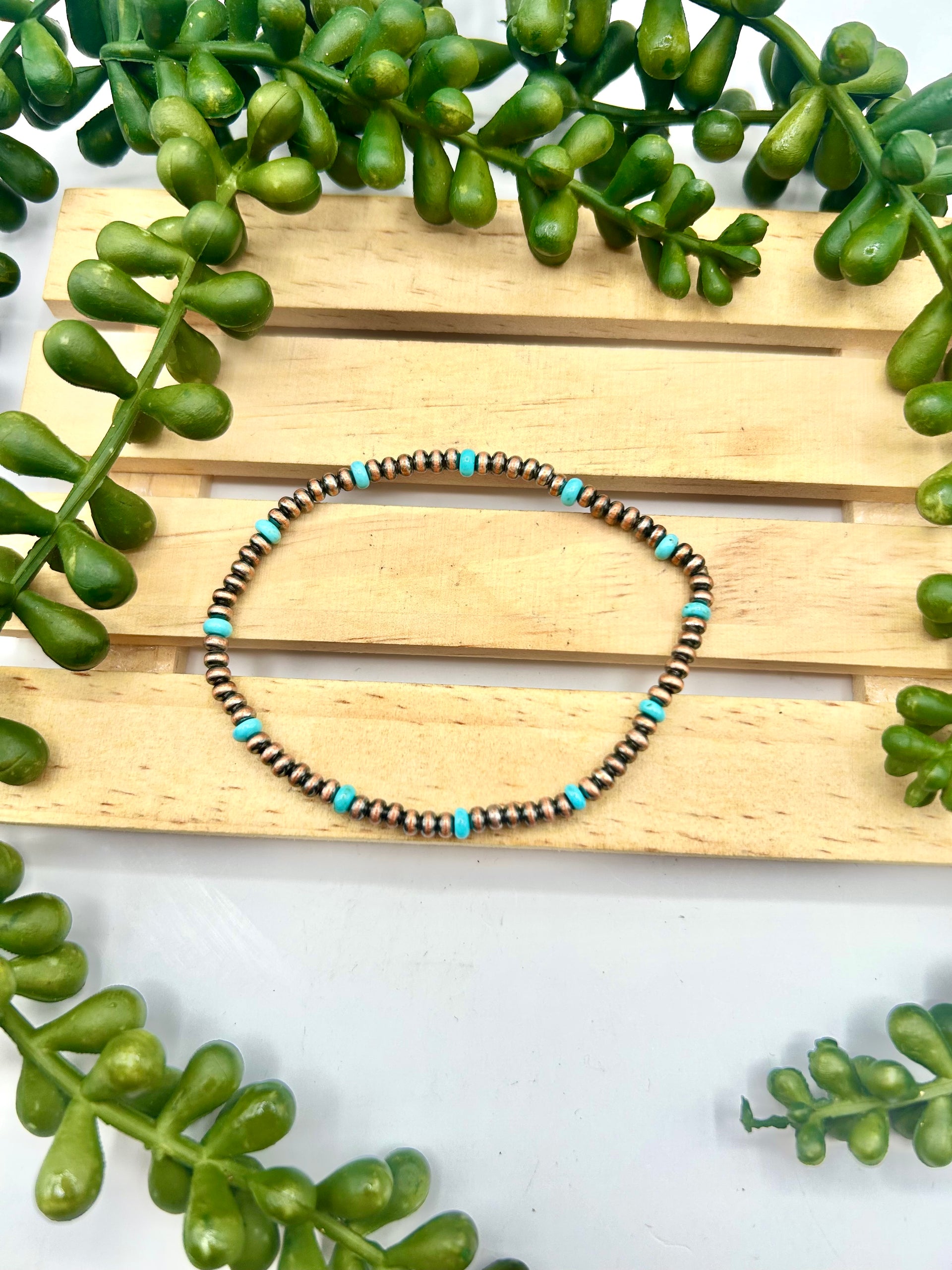 Navajo Strung Kingman Turquoise & Copper Stretchy Bracelet