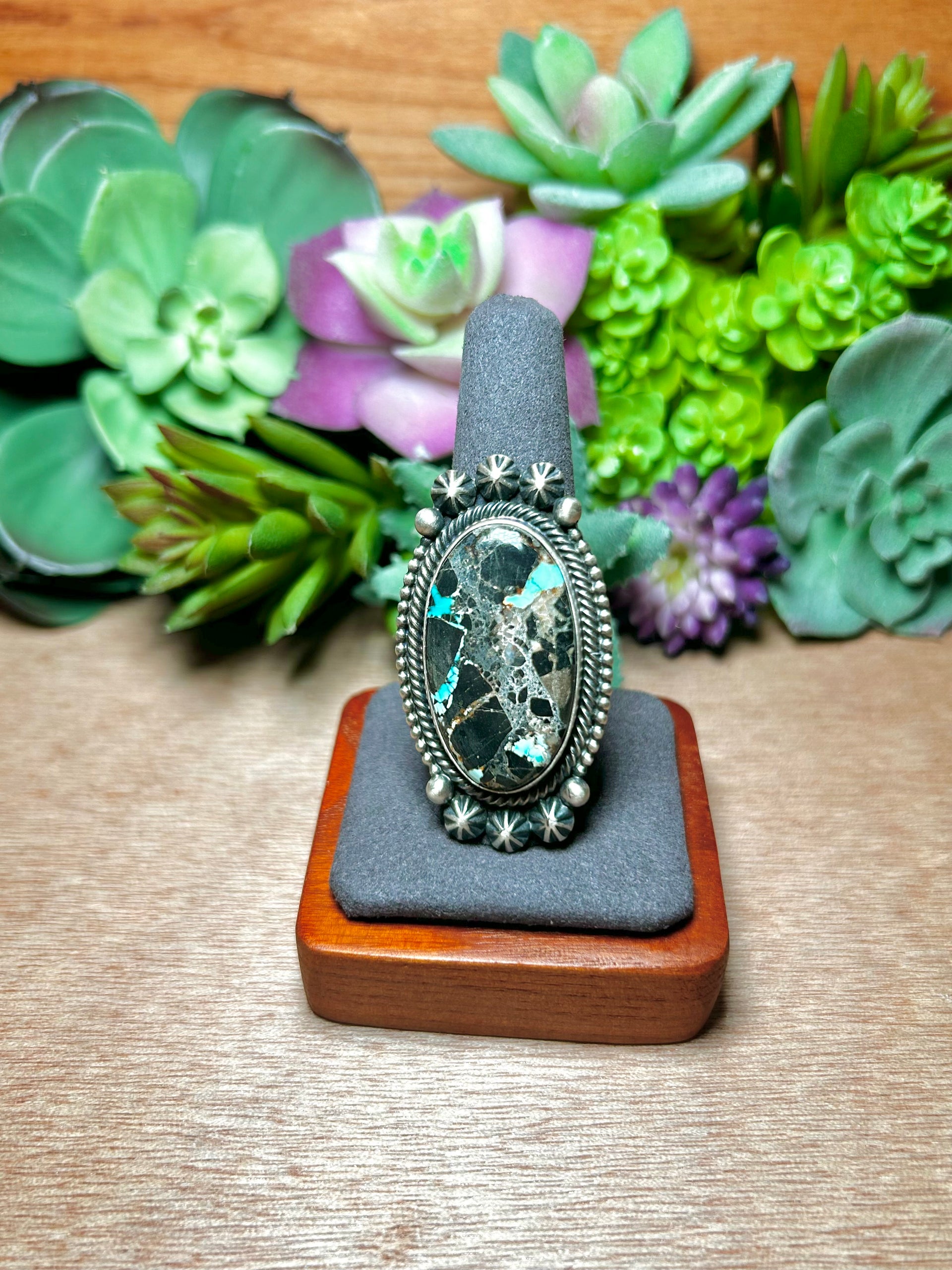 Navajo Made Black Jack Turquoise & Sterling Silver Ring Size 9.5