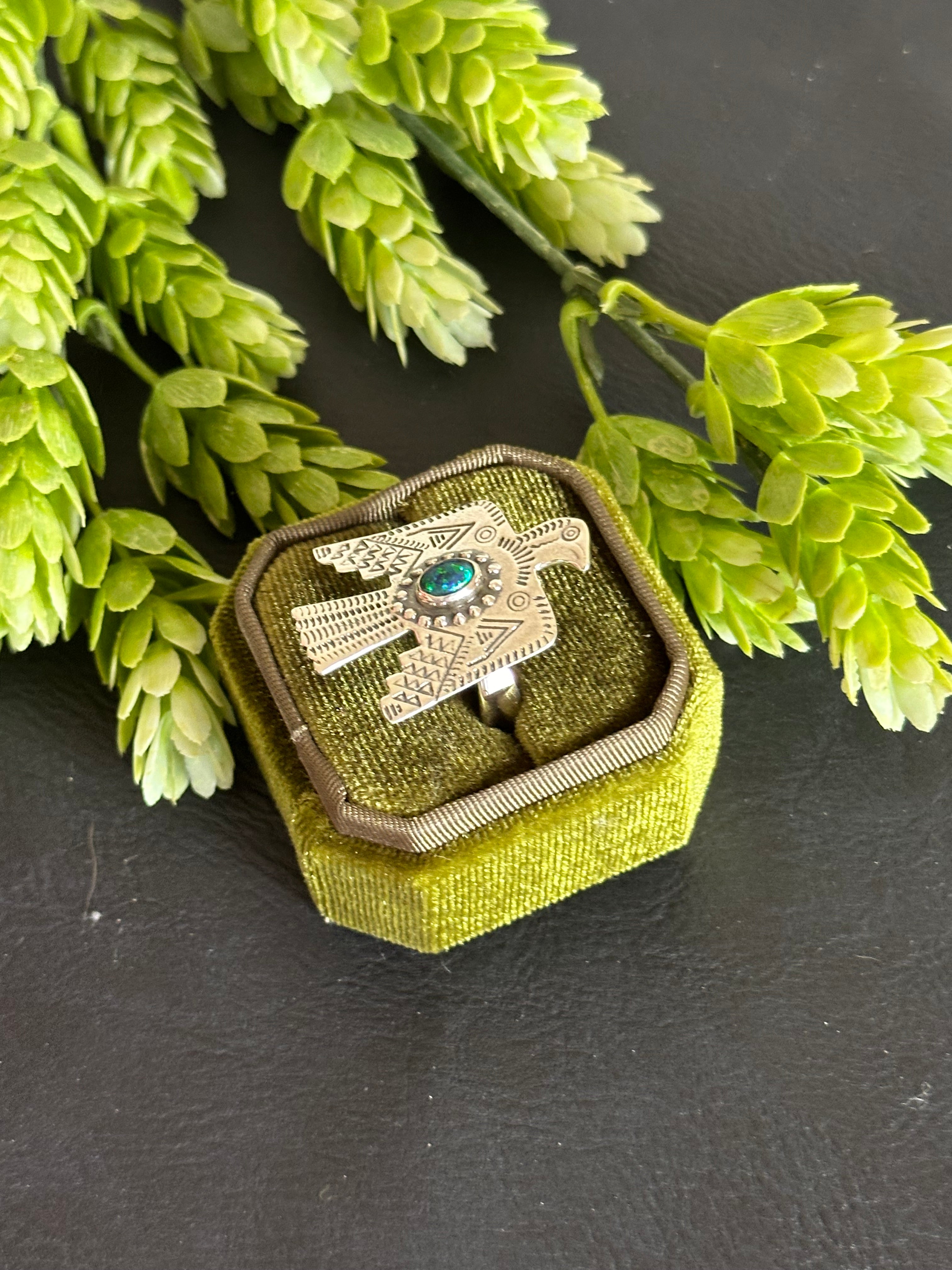 Southwest Handmade Opal & Sterling Silver Thunderbird Adjustable Ring