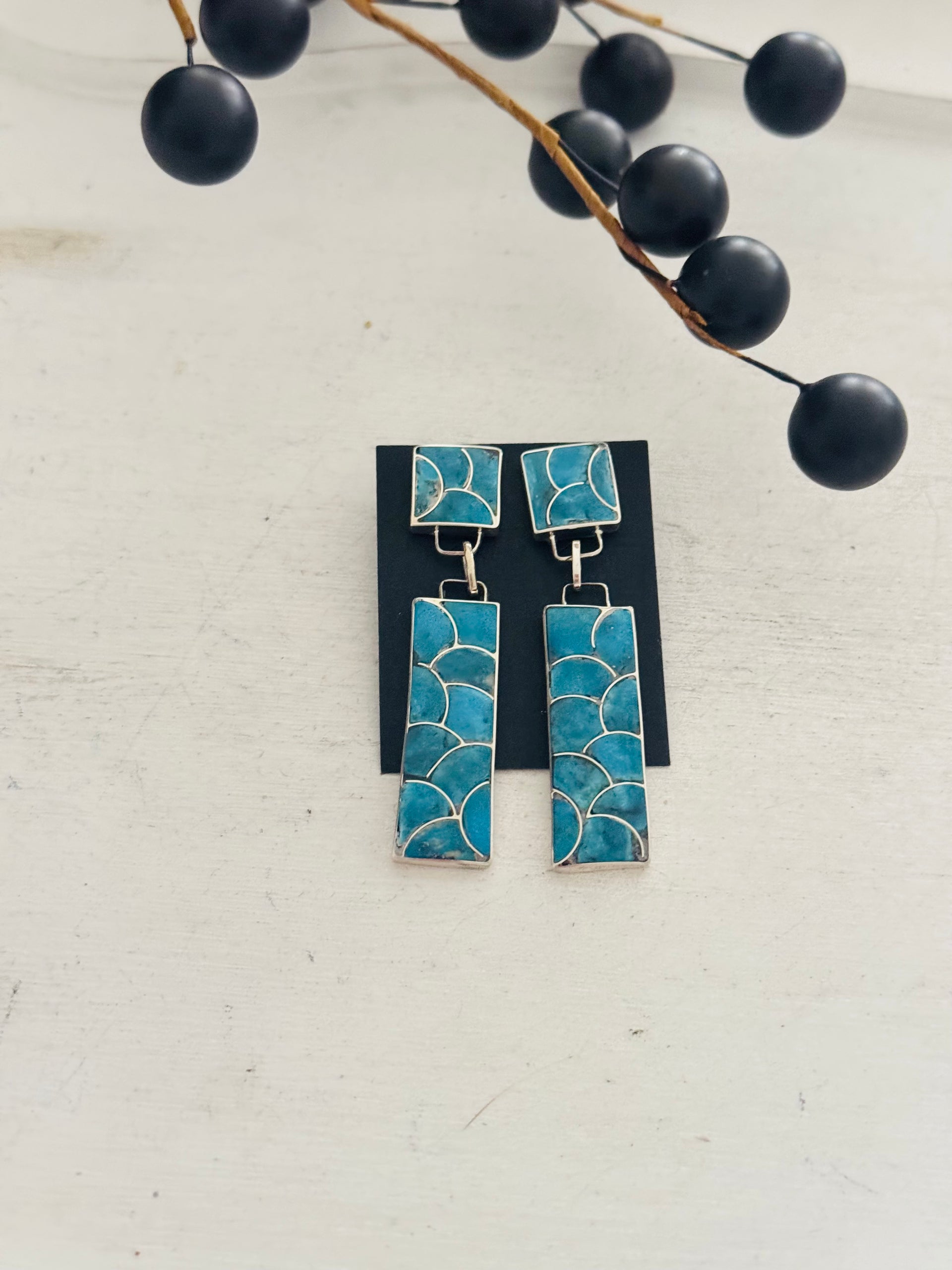 Zuni Made Kingman Turquoise & Sterling Silver Post Dangle Earrings