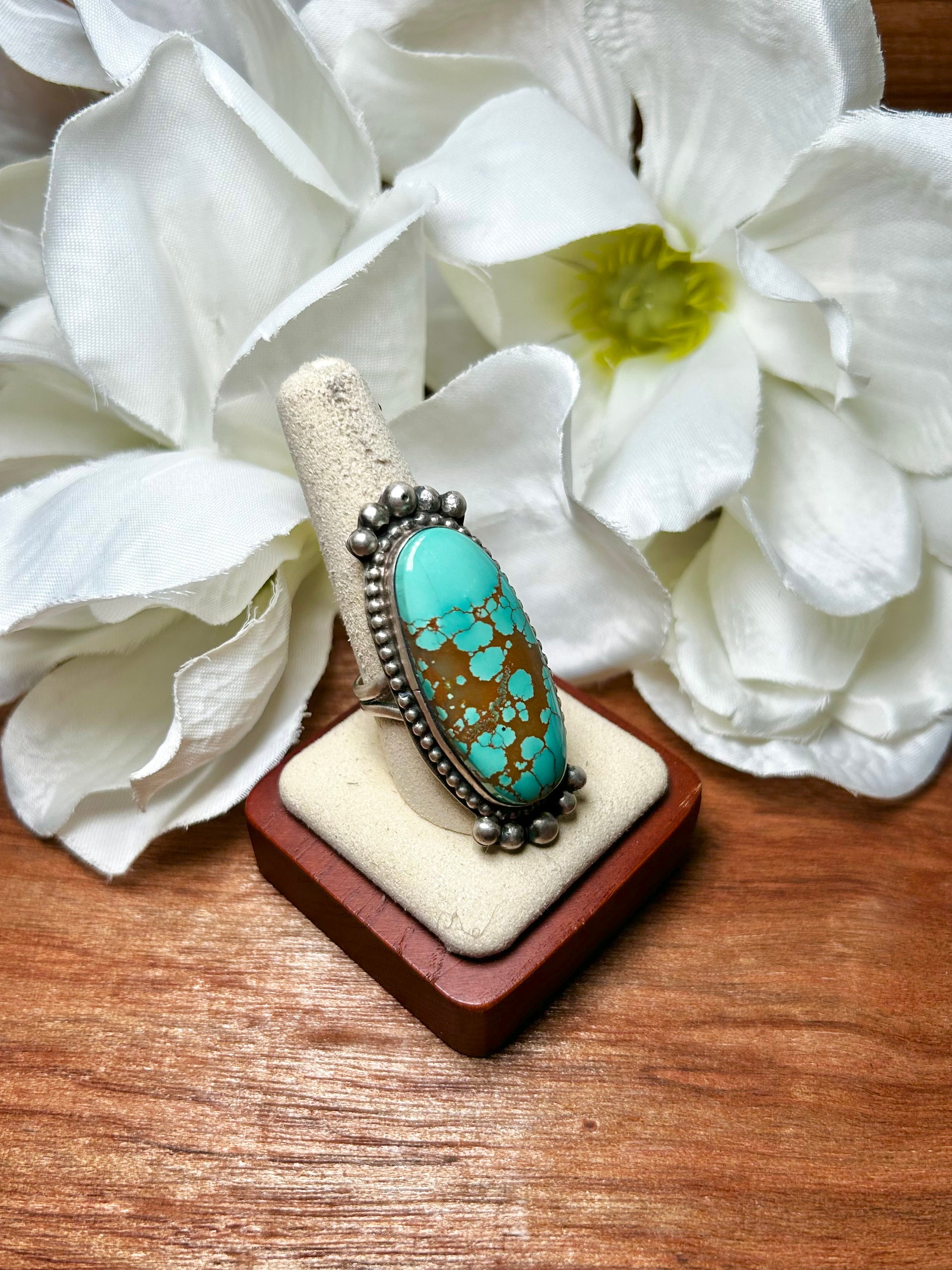 Navajo Made #8 Turquoise & Sterling Silver Cluster Adjustable Ring