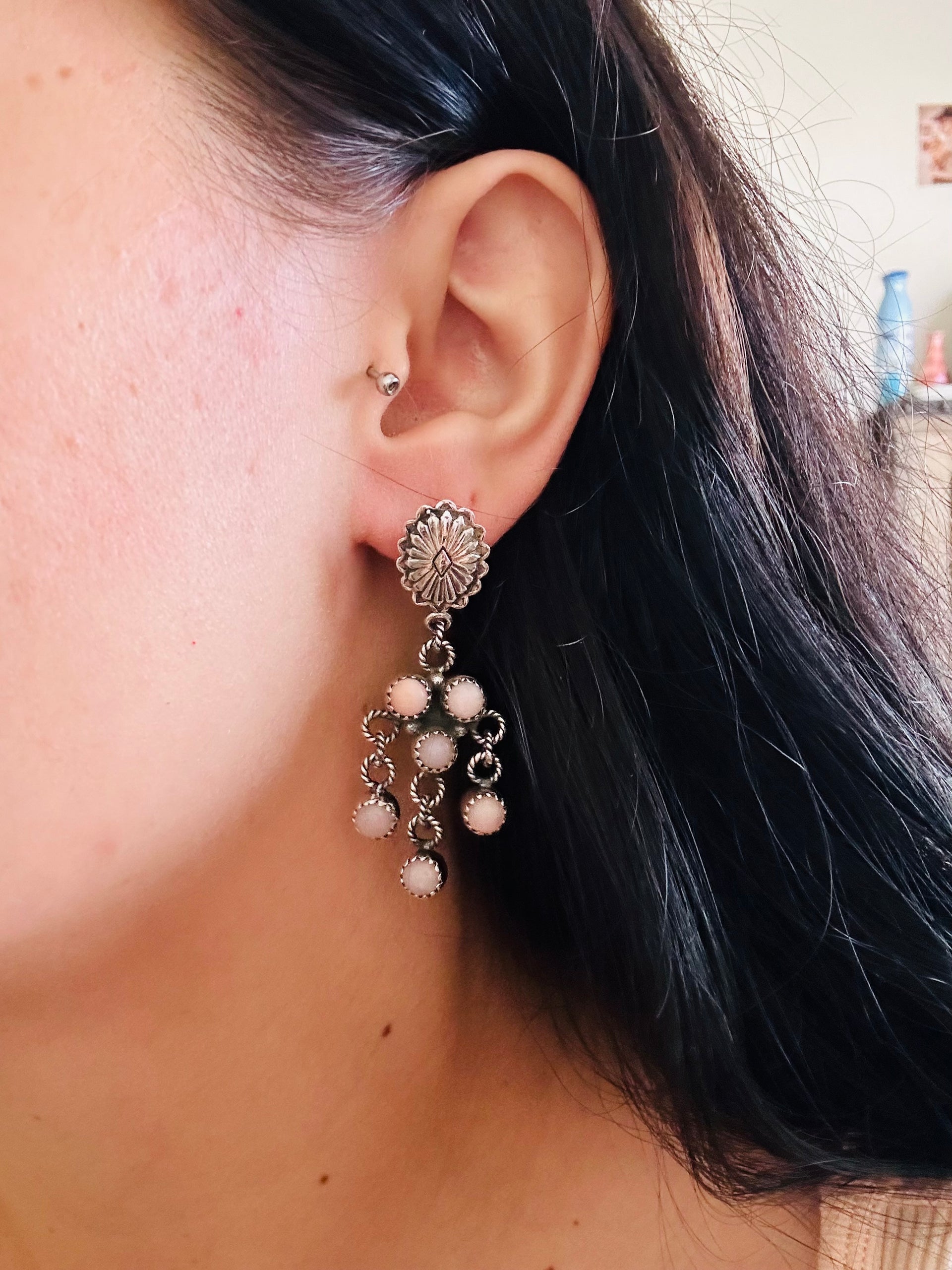 Southwest Handmade Peruvian Pink Opal & Sterling Silver Post Dangle Earrings