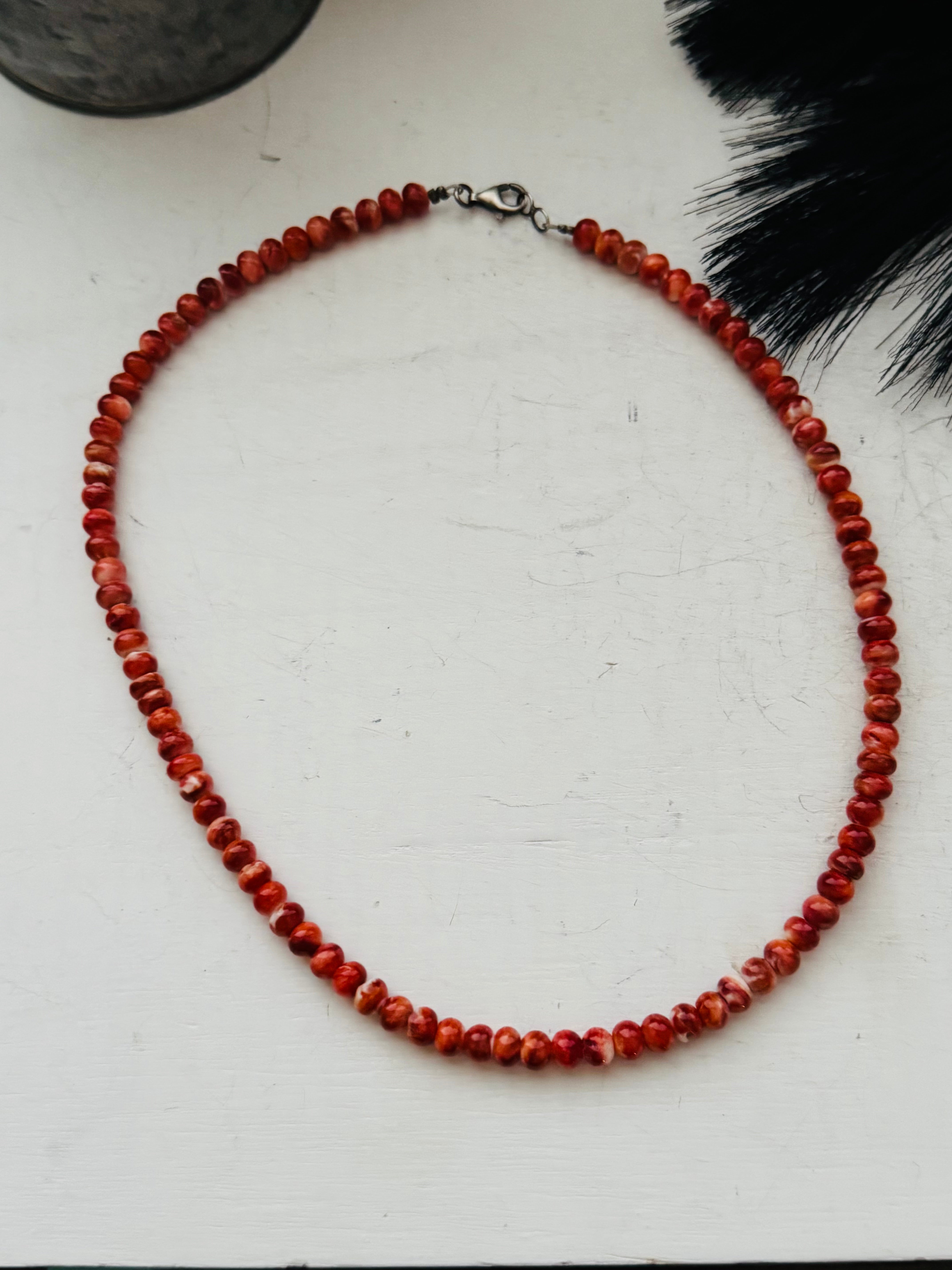 Theresa Skeets Red Spiny Oys & Sterling Silver Beaded Necklace