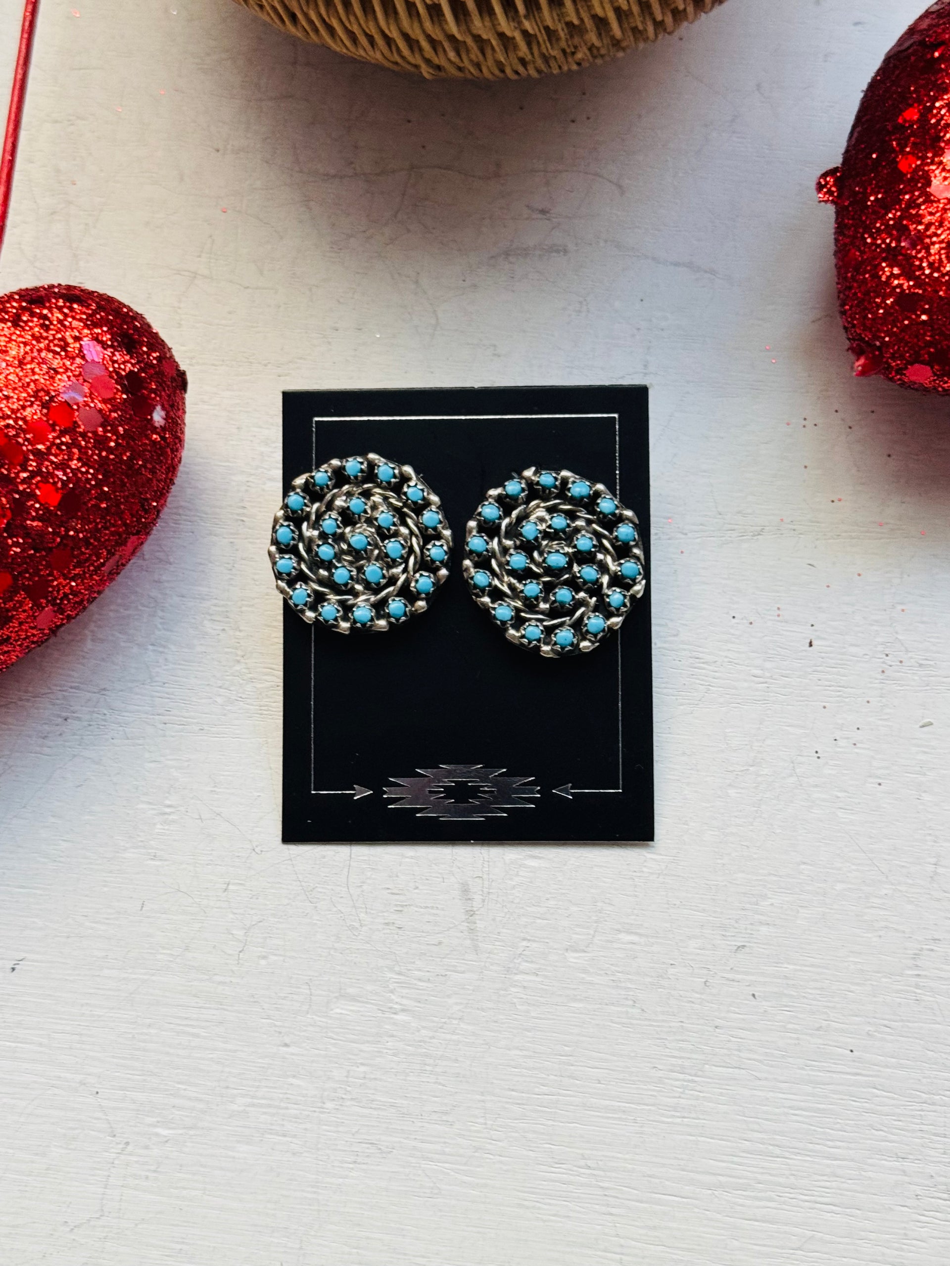 Zuni Handmade Turquoise & Sterling Silver Post Cluster Earrings