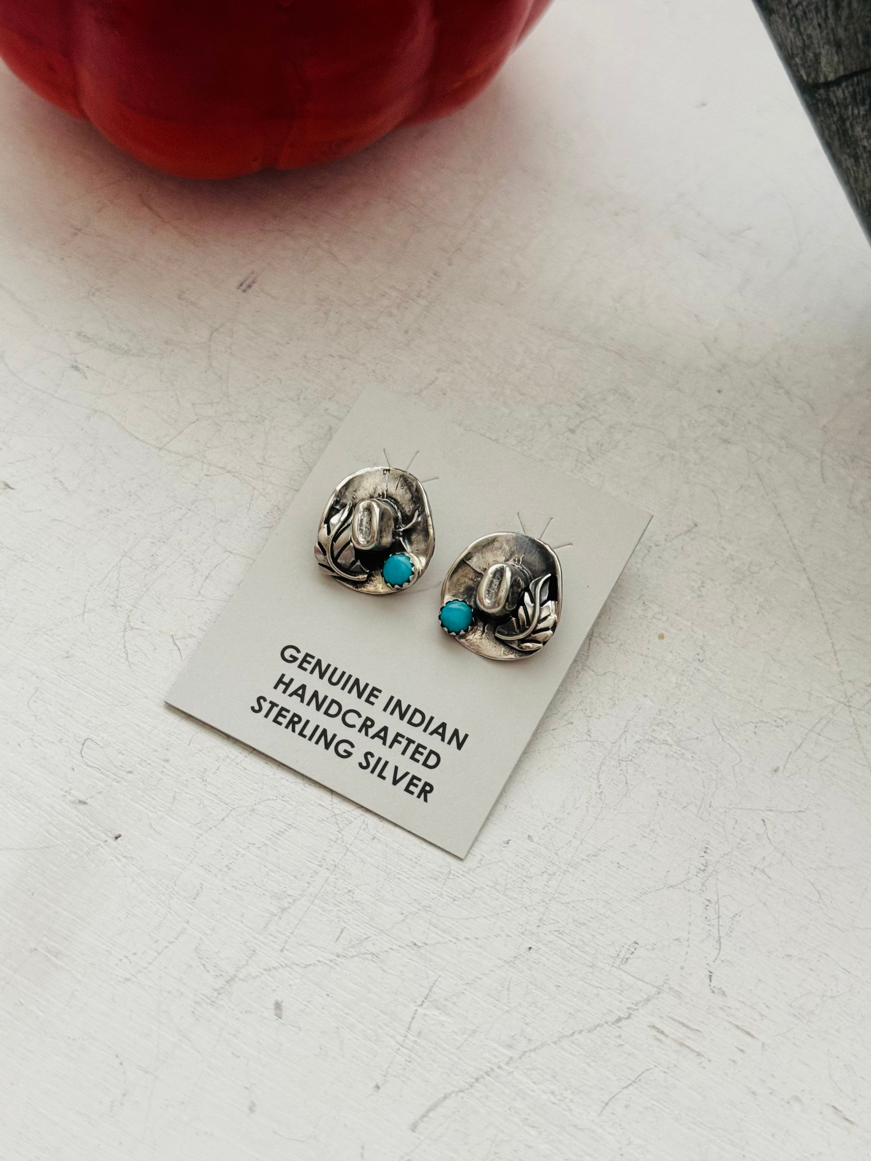 Navajo Handmade Sterling Silver Post Cowboy Hat Earrings