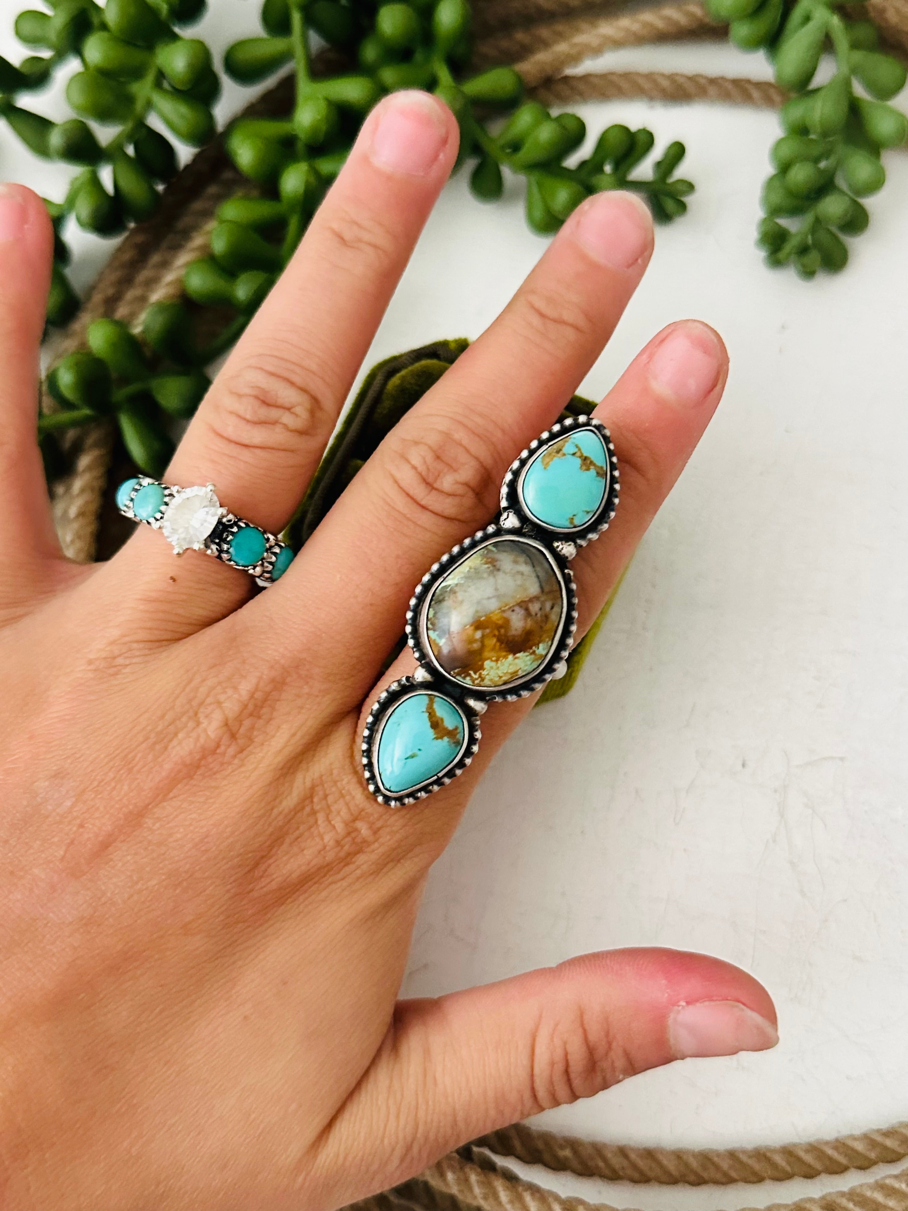 Navajo Made Multi Turquoise & Sterling Silver Adjustable Ring