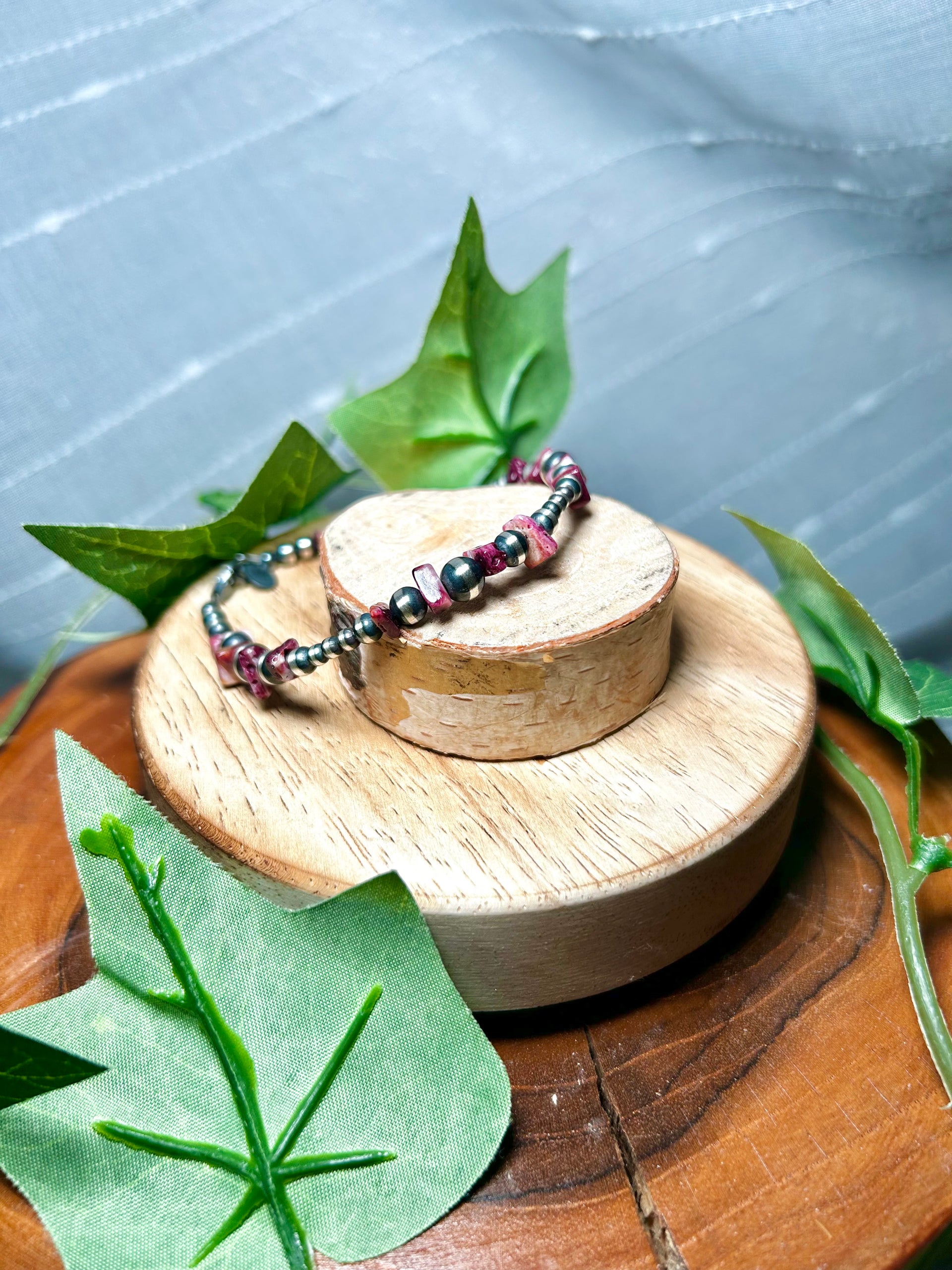 Navajo Made Strung Purple Spiny Oyster & Sterling Silver Beaded Bracelet