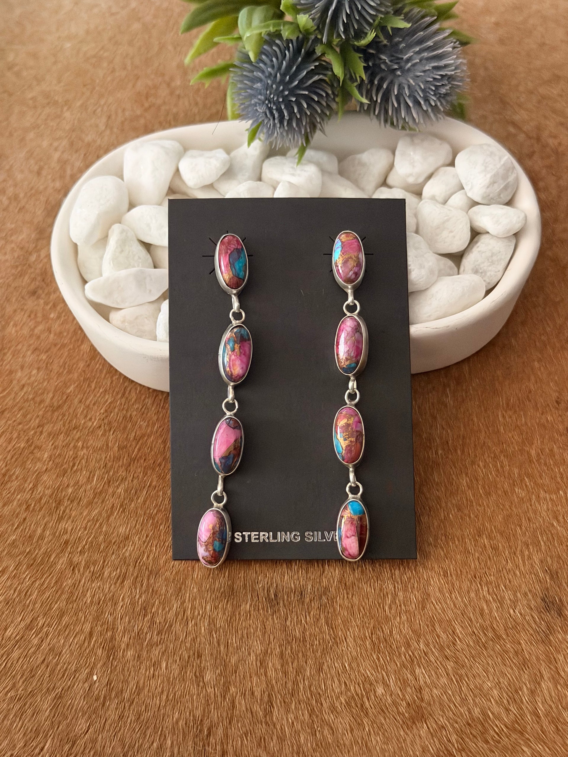 Navajo Made Mohave Turquoise & Sterling Silver Post Dangle Earrings