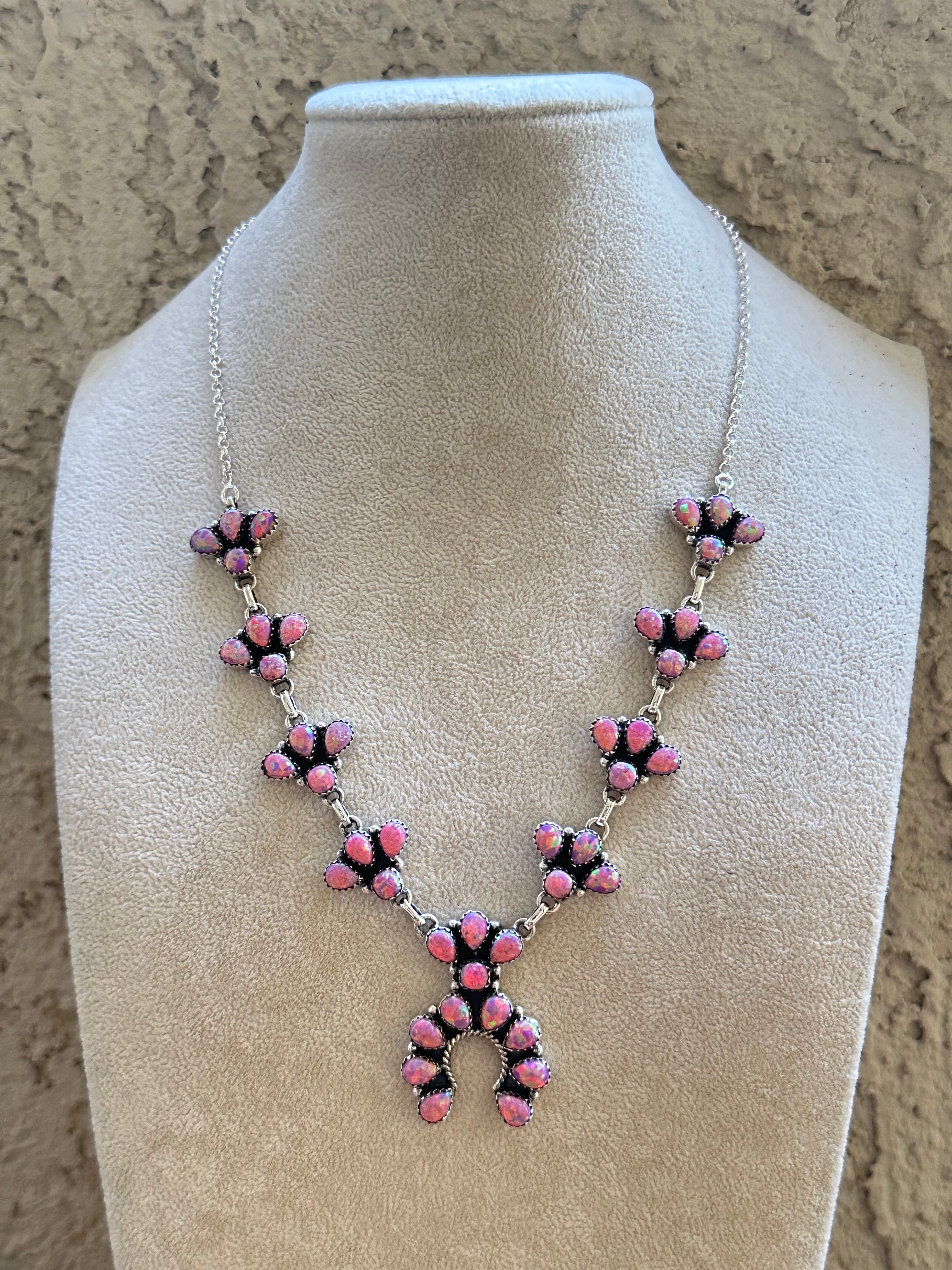 Southwest Handmade Pink Opal & Sterling Silver Cluster Necklace