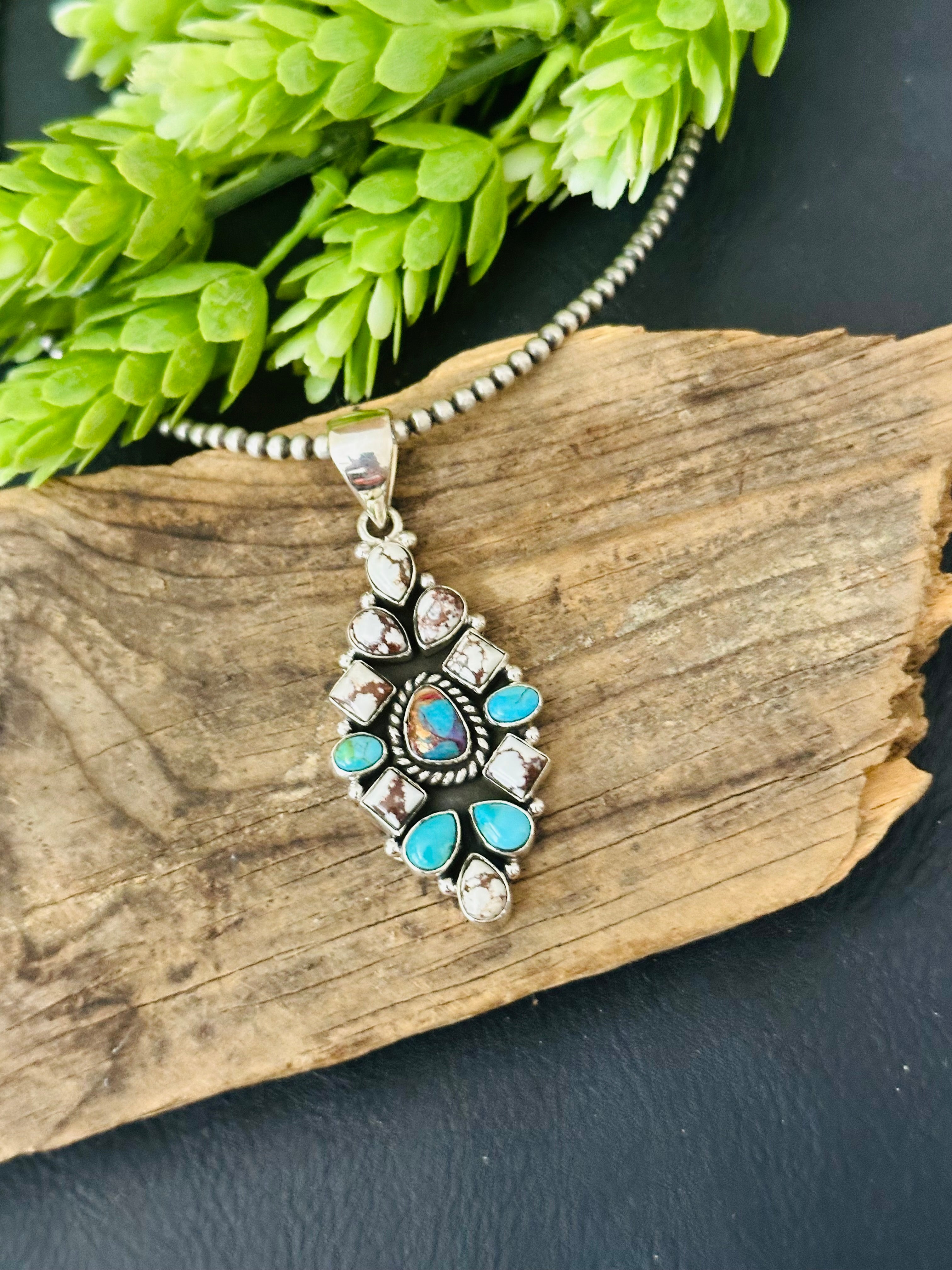 Southwest Handmade Multi Stone & Sterling Silver Cluster Pendant