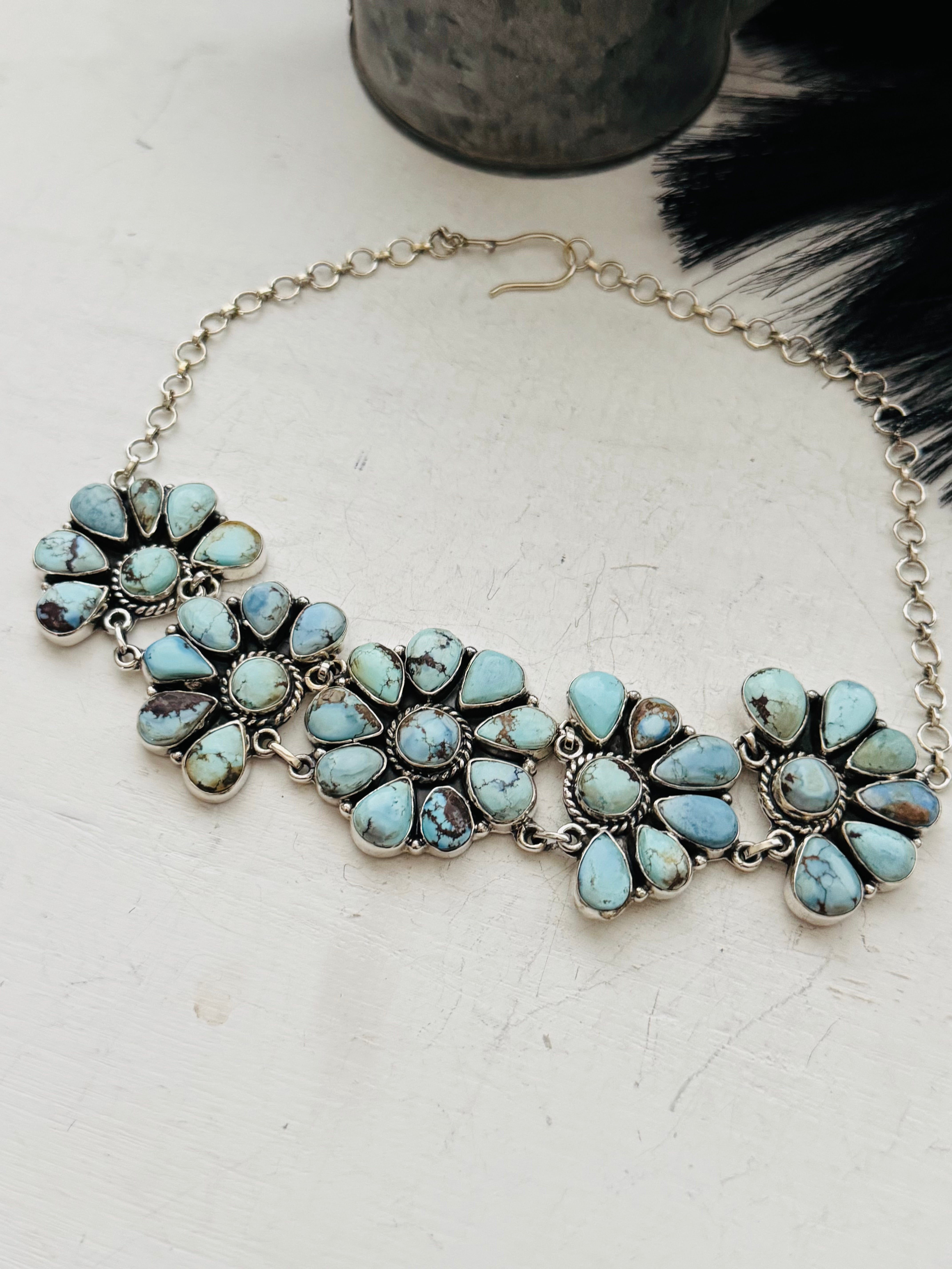 Southwest Handmade Golden Hills Turquoise & Sterling Silver Cluster Choker Necklace