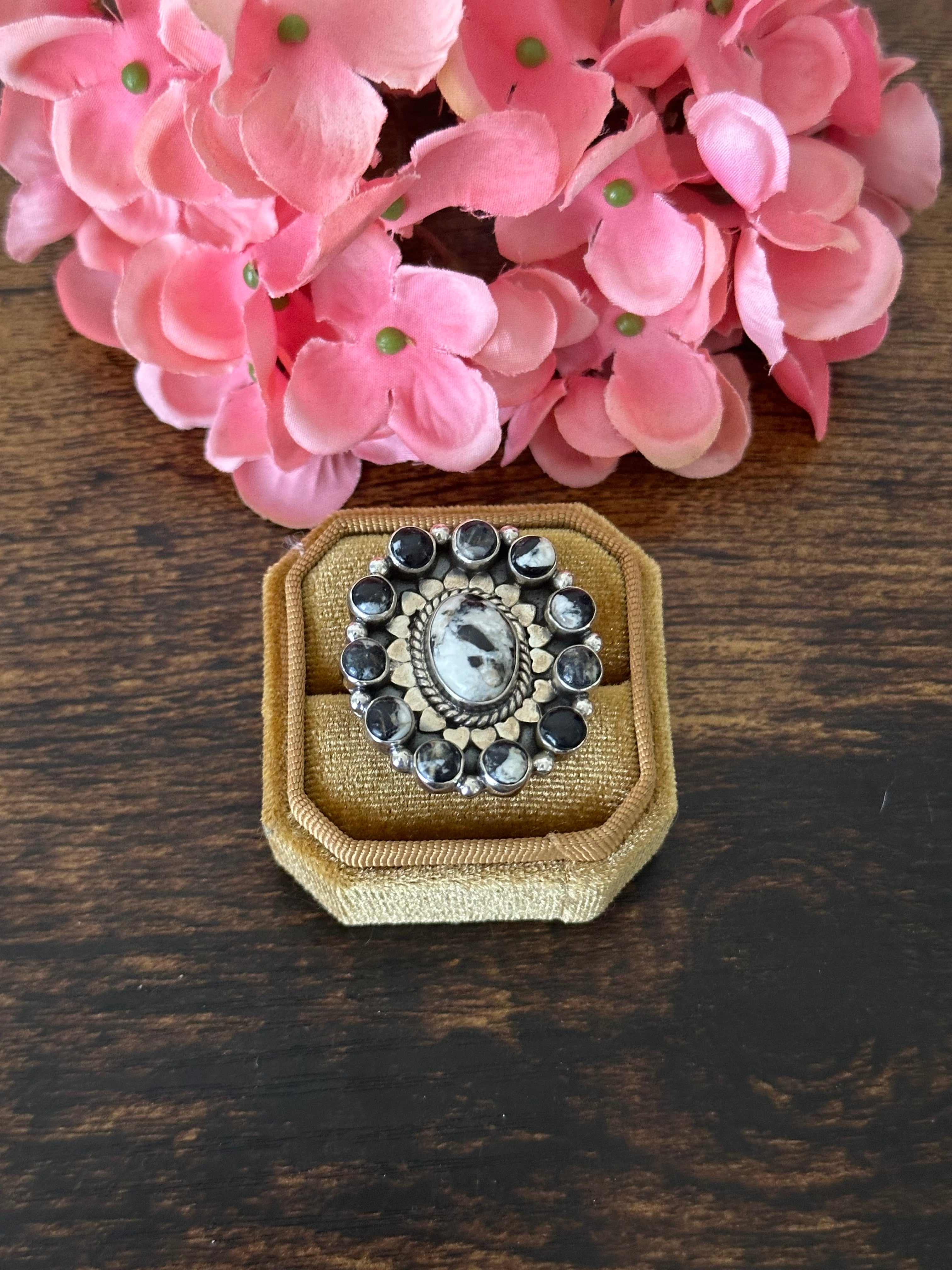 Southwest Handmade White Buffalo & Sterling Silver Cluster Adjustable Ring