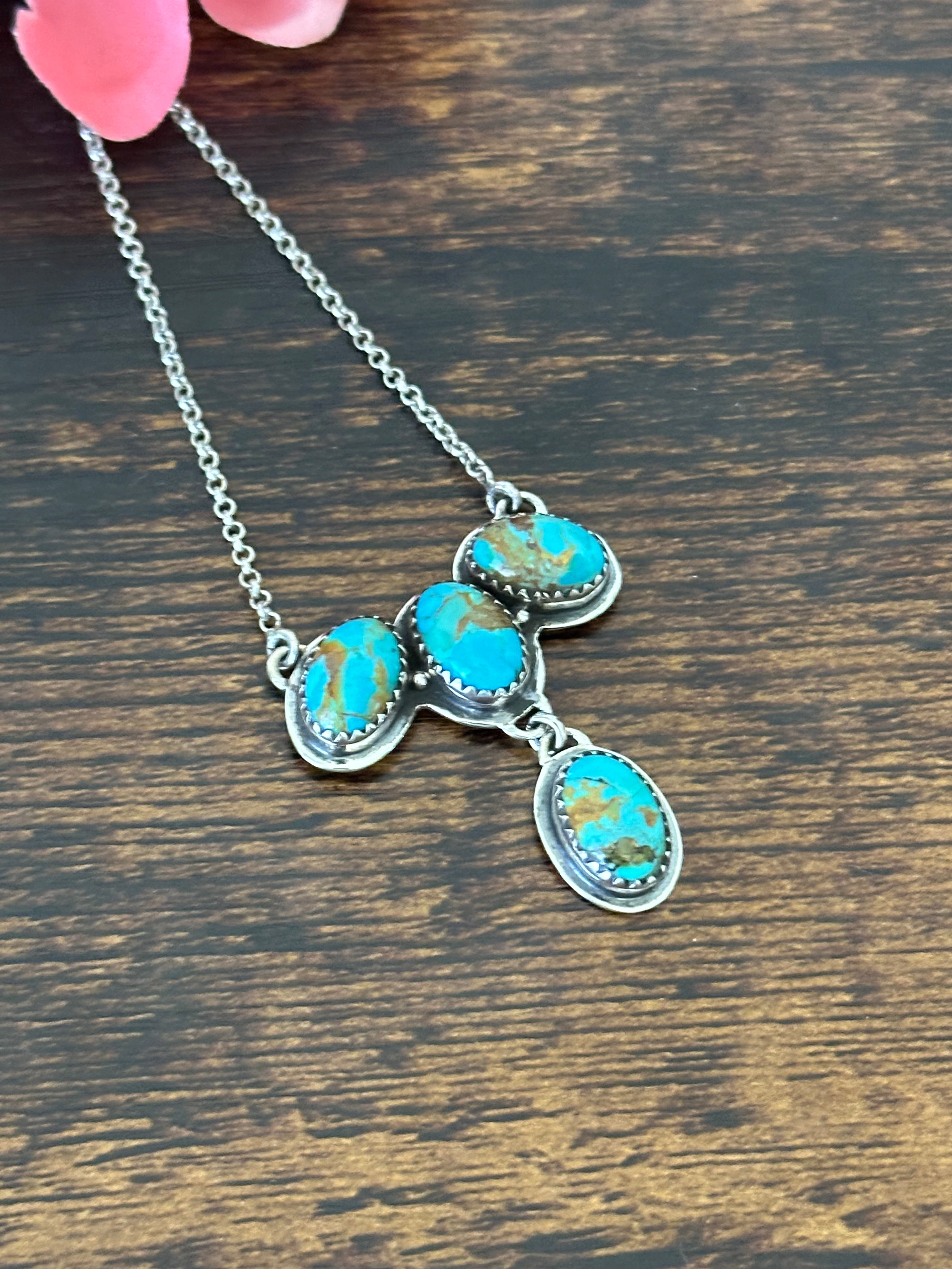 Southwest Handmade Kingman Turquoise & Sterling Silver Cluster Necklace