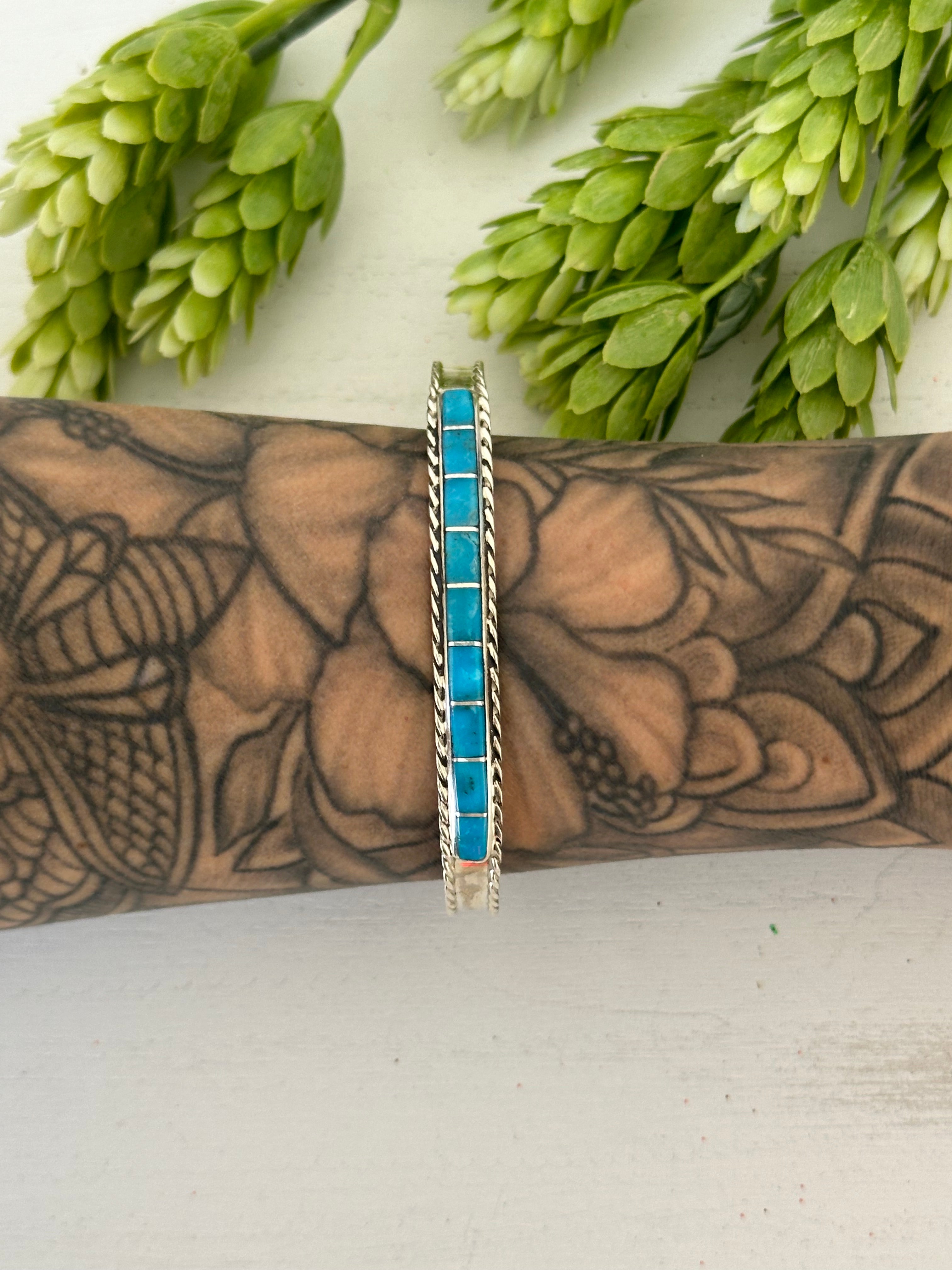 Navajo Made Kingman Turquoise & Sterling Silver Inlay Cuff Bracelet
