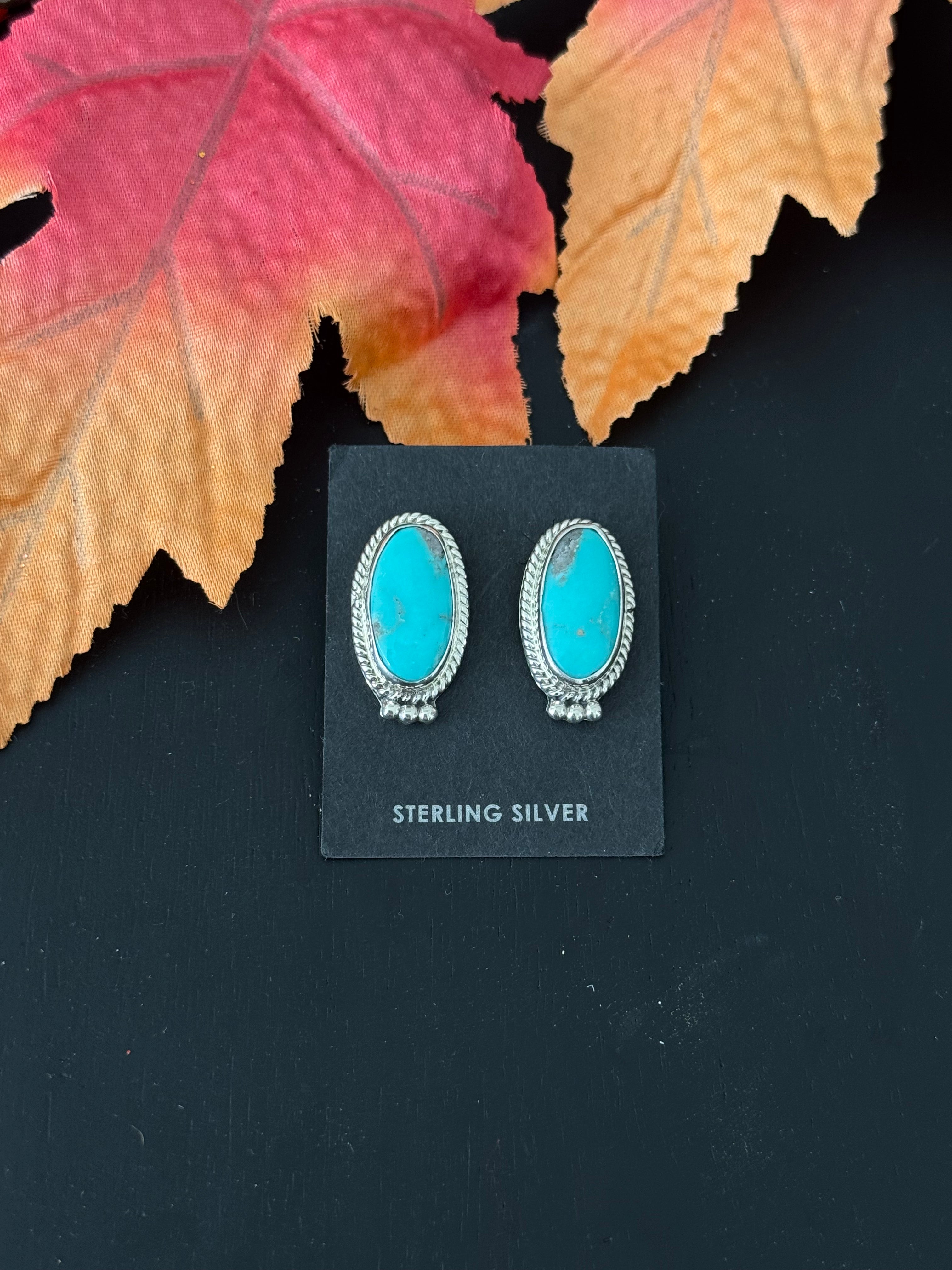 Navajo Made Kingman Turquoise & Sterling Silver Post Earrings