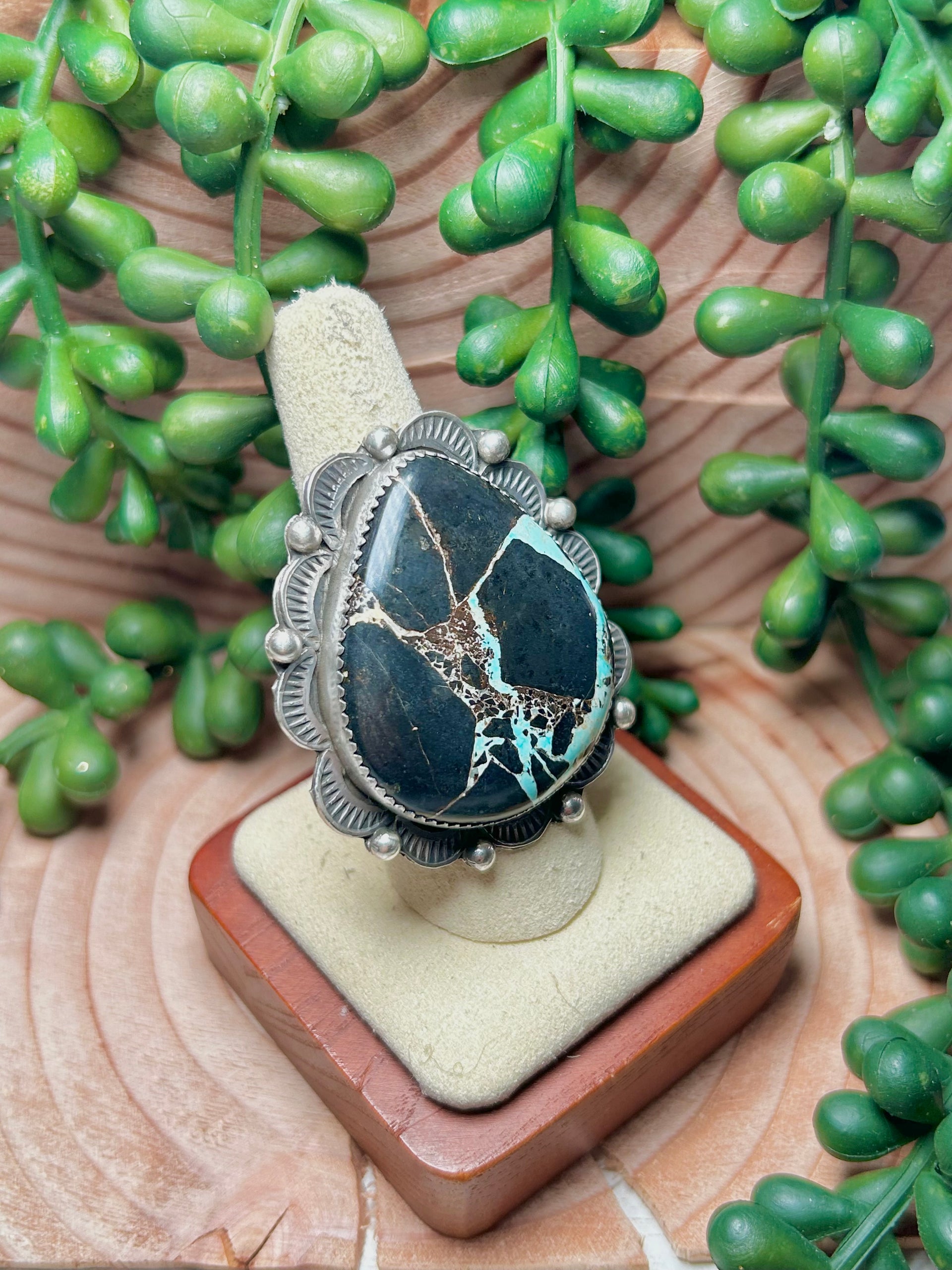 Tia Long Black Jack Turquoise & Sterling Sliver Adjustable Ring