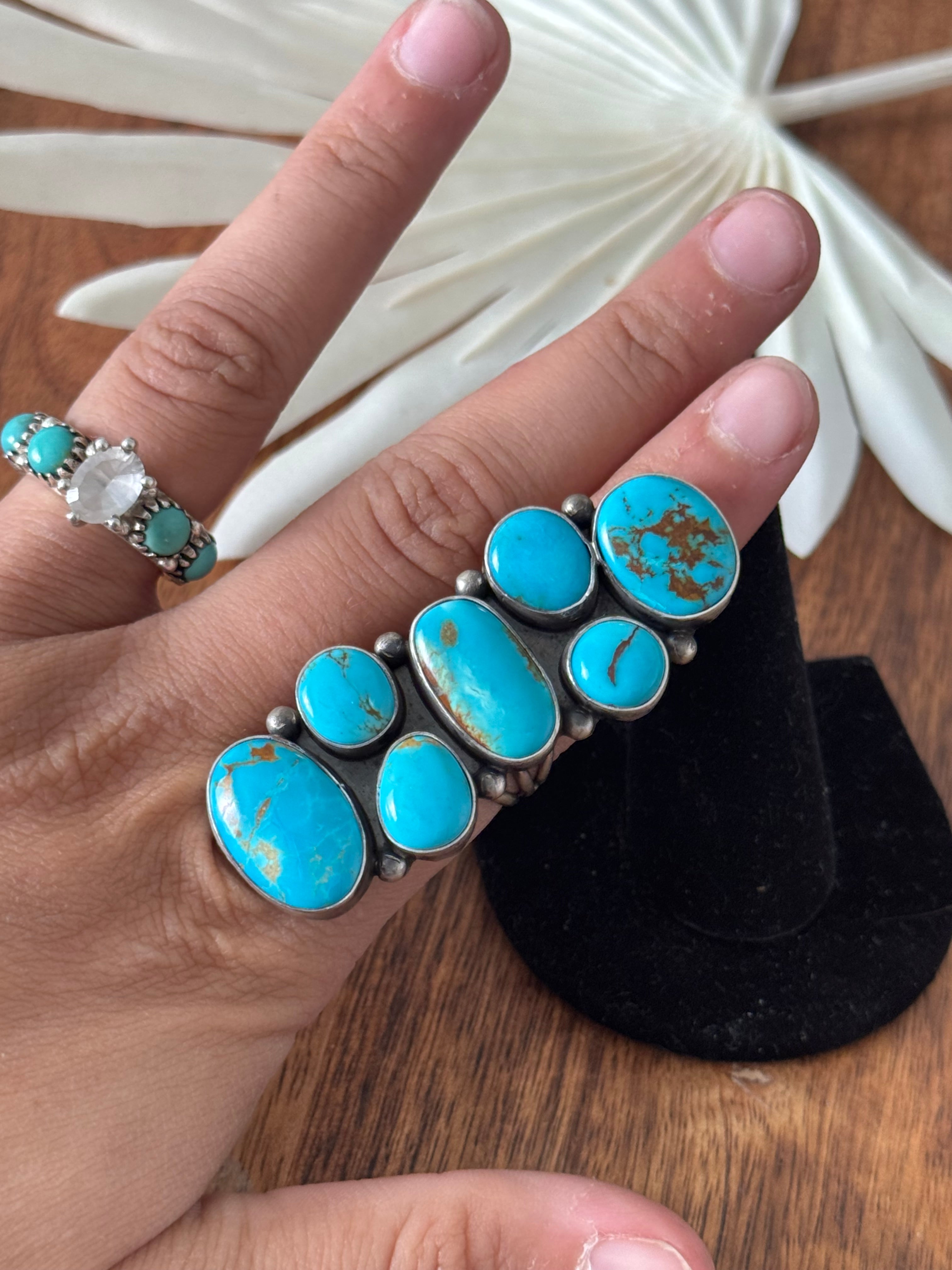 Navajo Made Royston Turquoise & Sterling Silver Cluster Ring Size 6.5