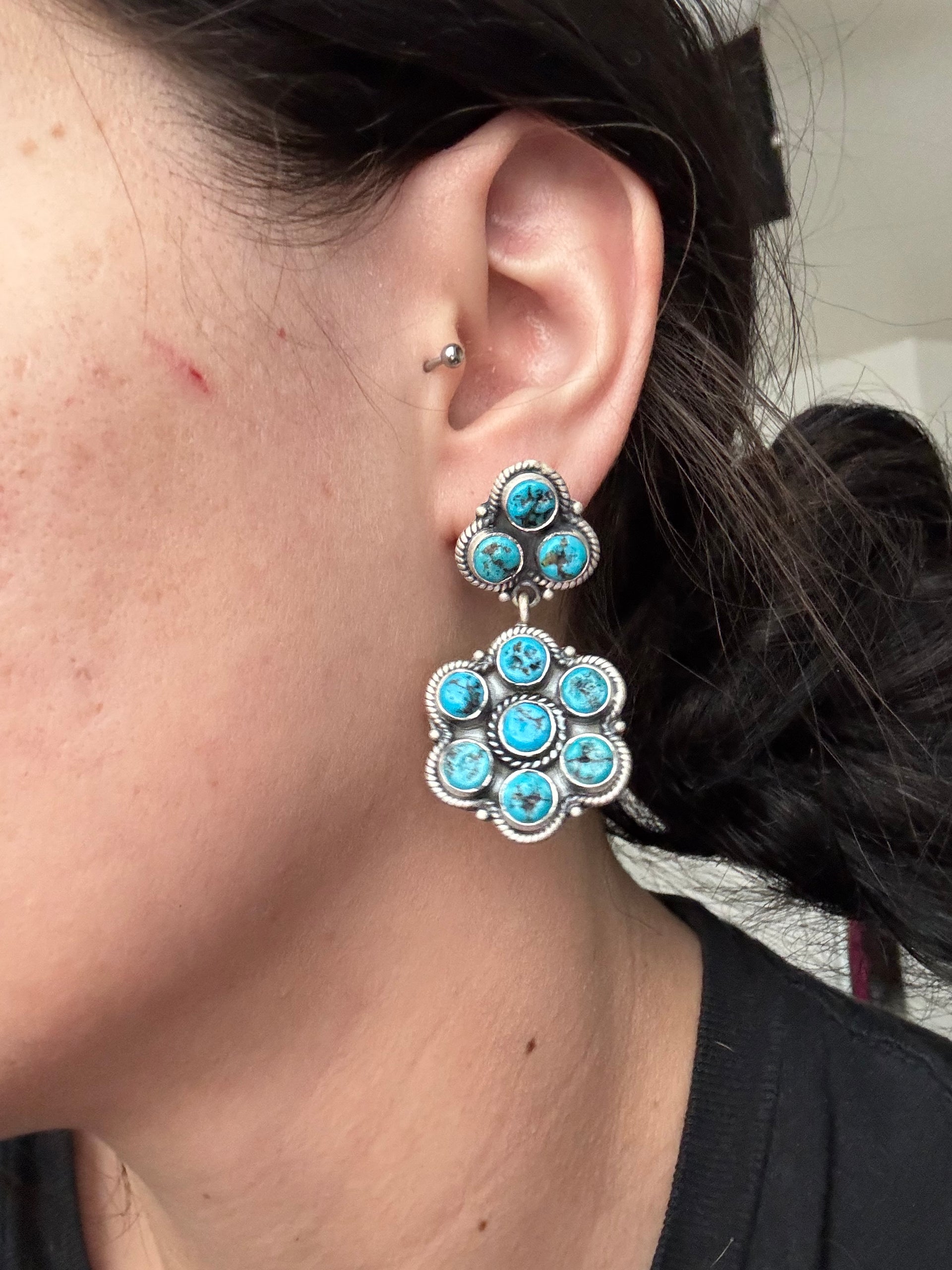 Navajo Made Kingman Turquoise & Sterling Silver Post Dangle Earrings