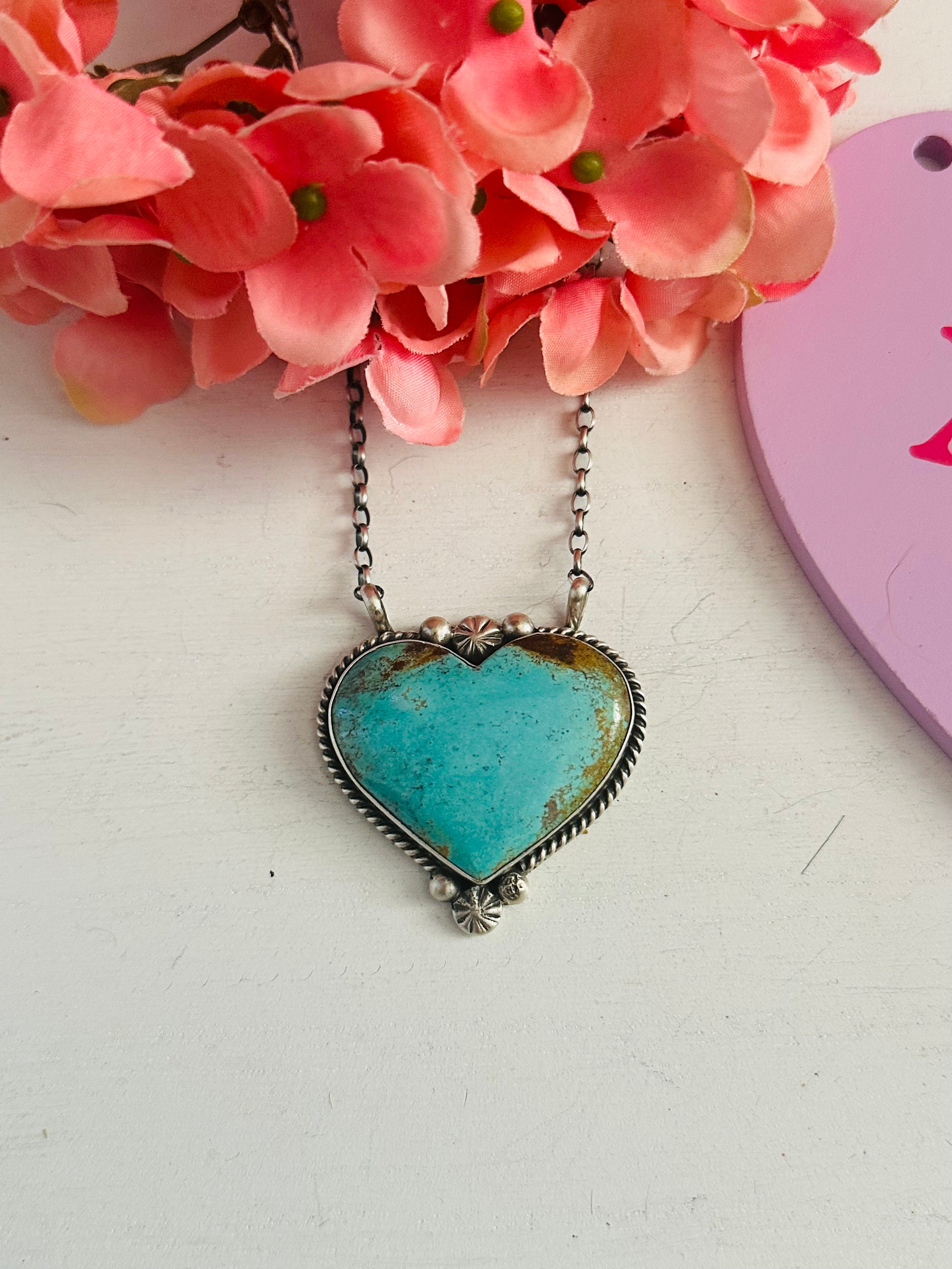 Alfred Martinez Kingman Turquoise & Sterling Silver Heart Necklace