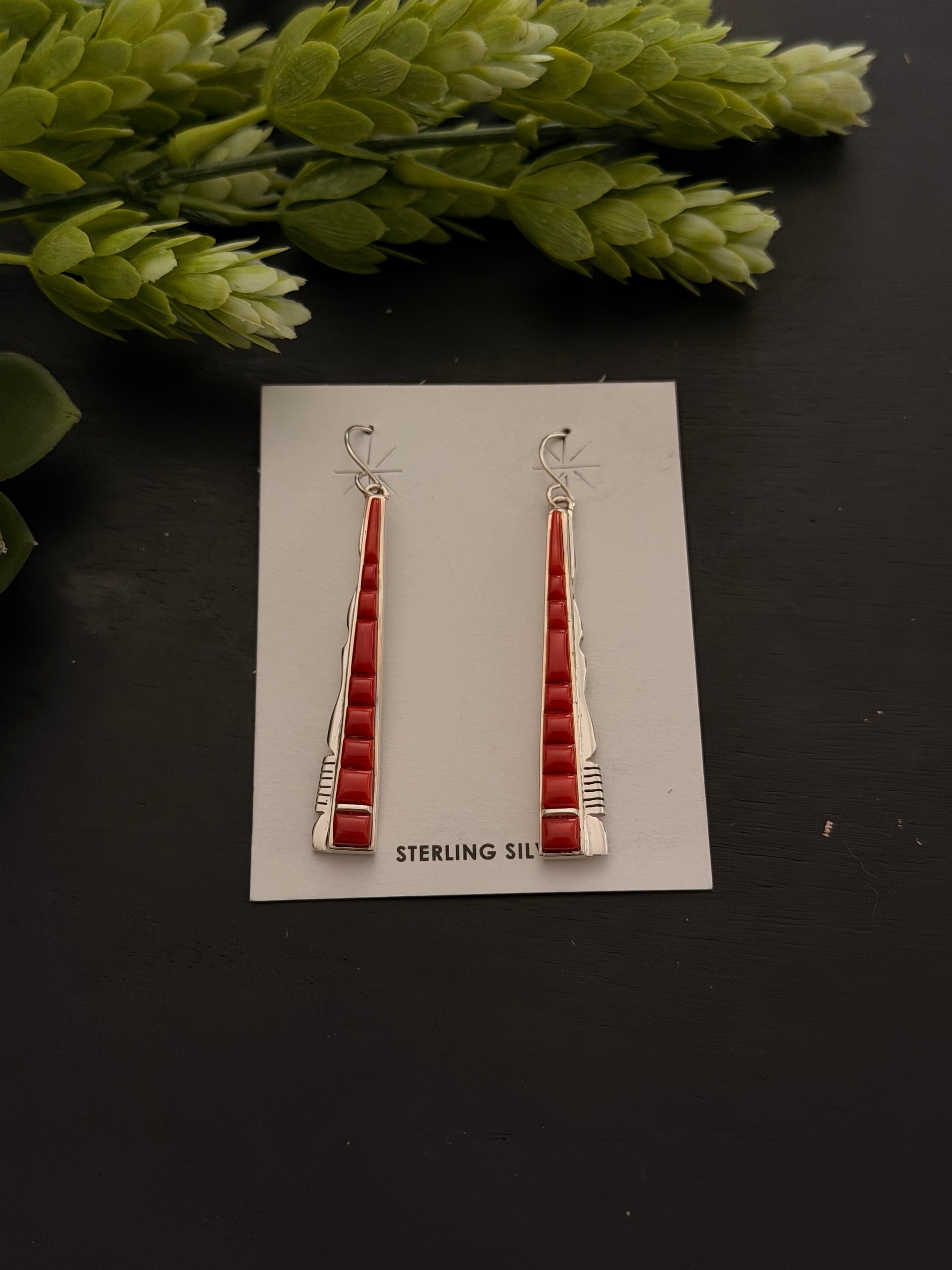 Calvin Begay Red Coral & Sterling Silver Cobblestone Dangle Earrings