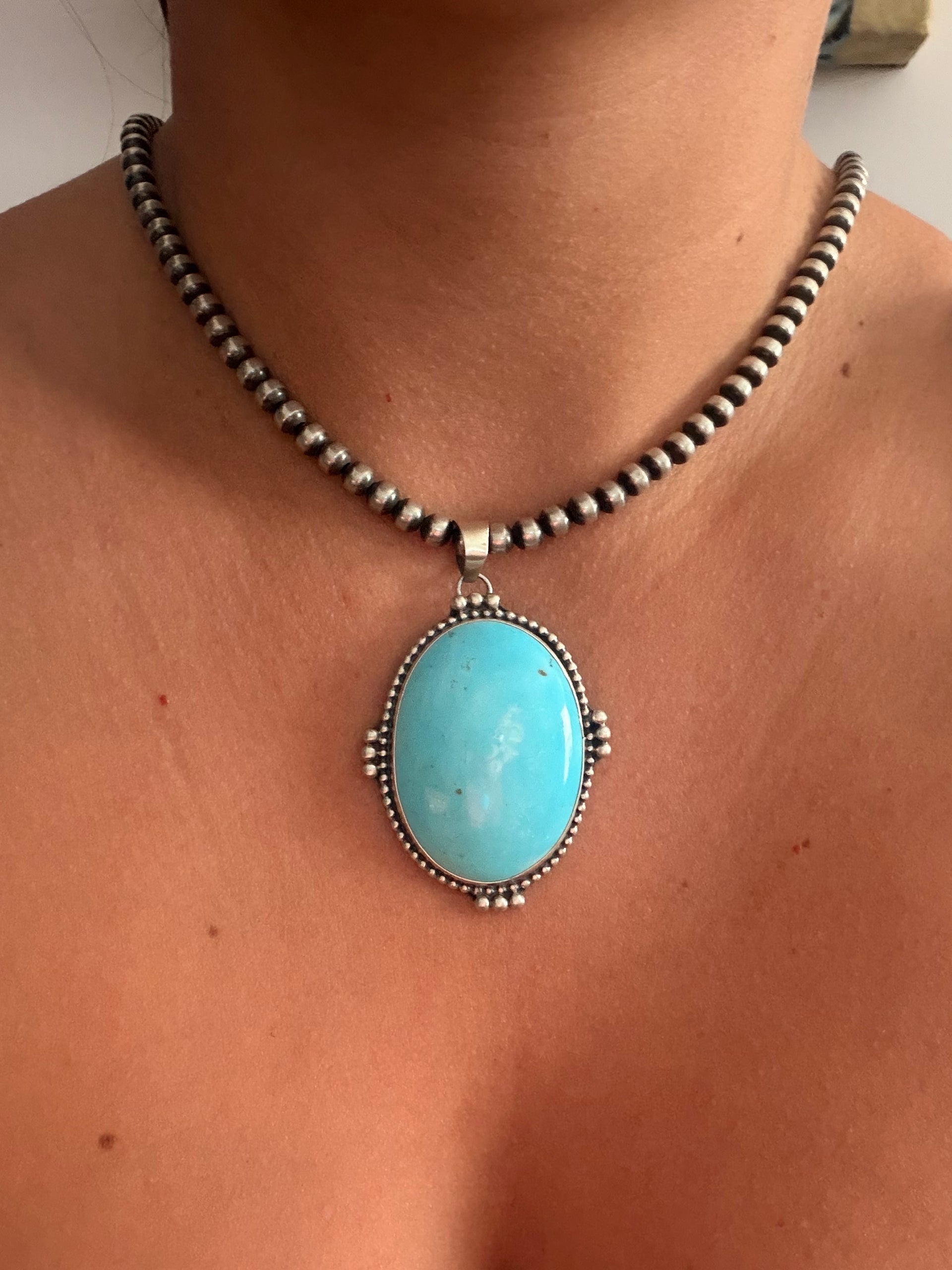 Navajo Made Kingman Turquoise & Sterling Silver Pendant