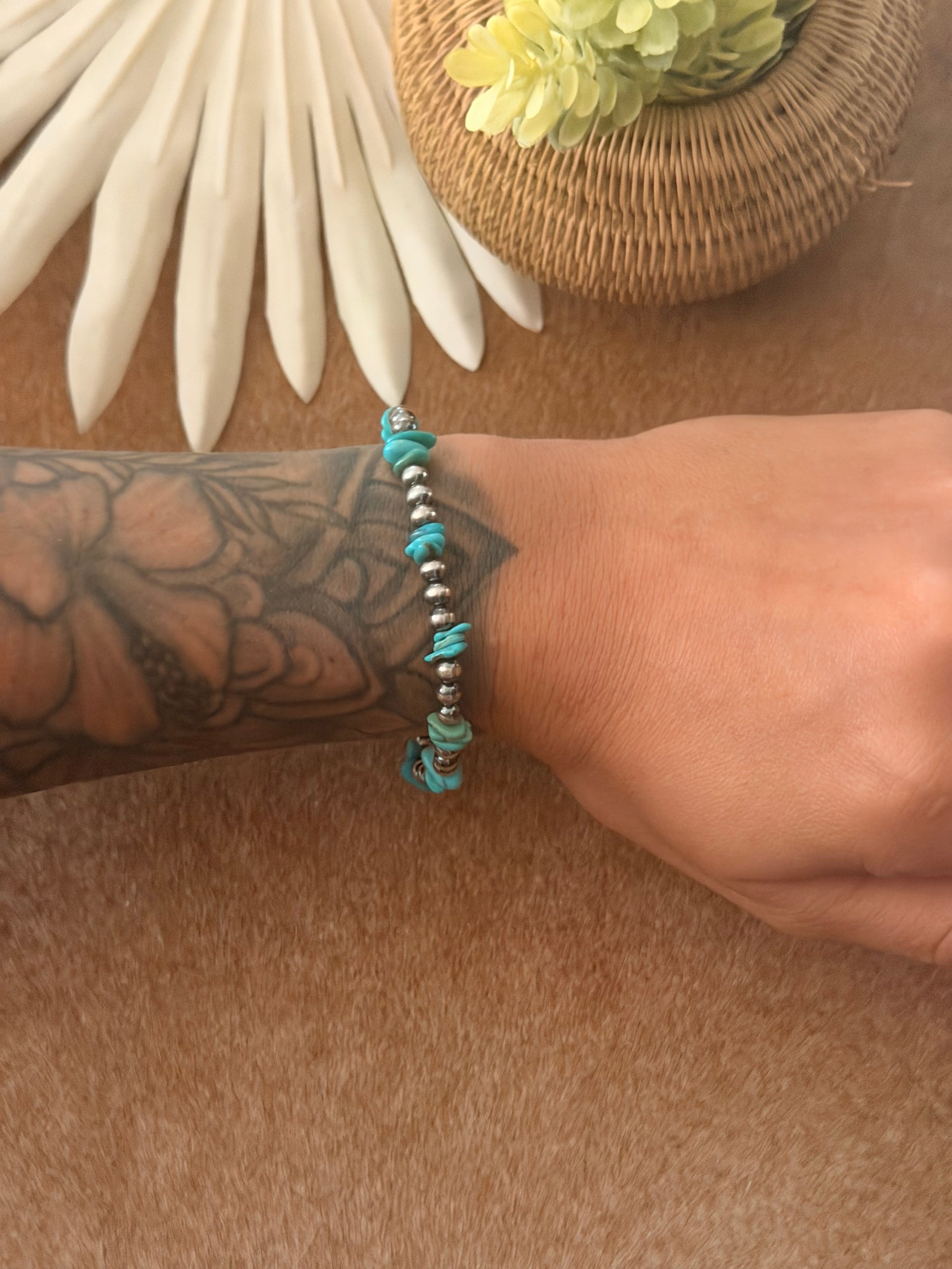Navajo Made Kingman Turquoise & Sterling Silver Strung Stretchy Bracelet
