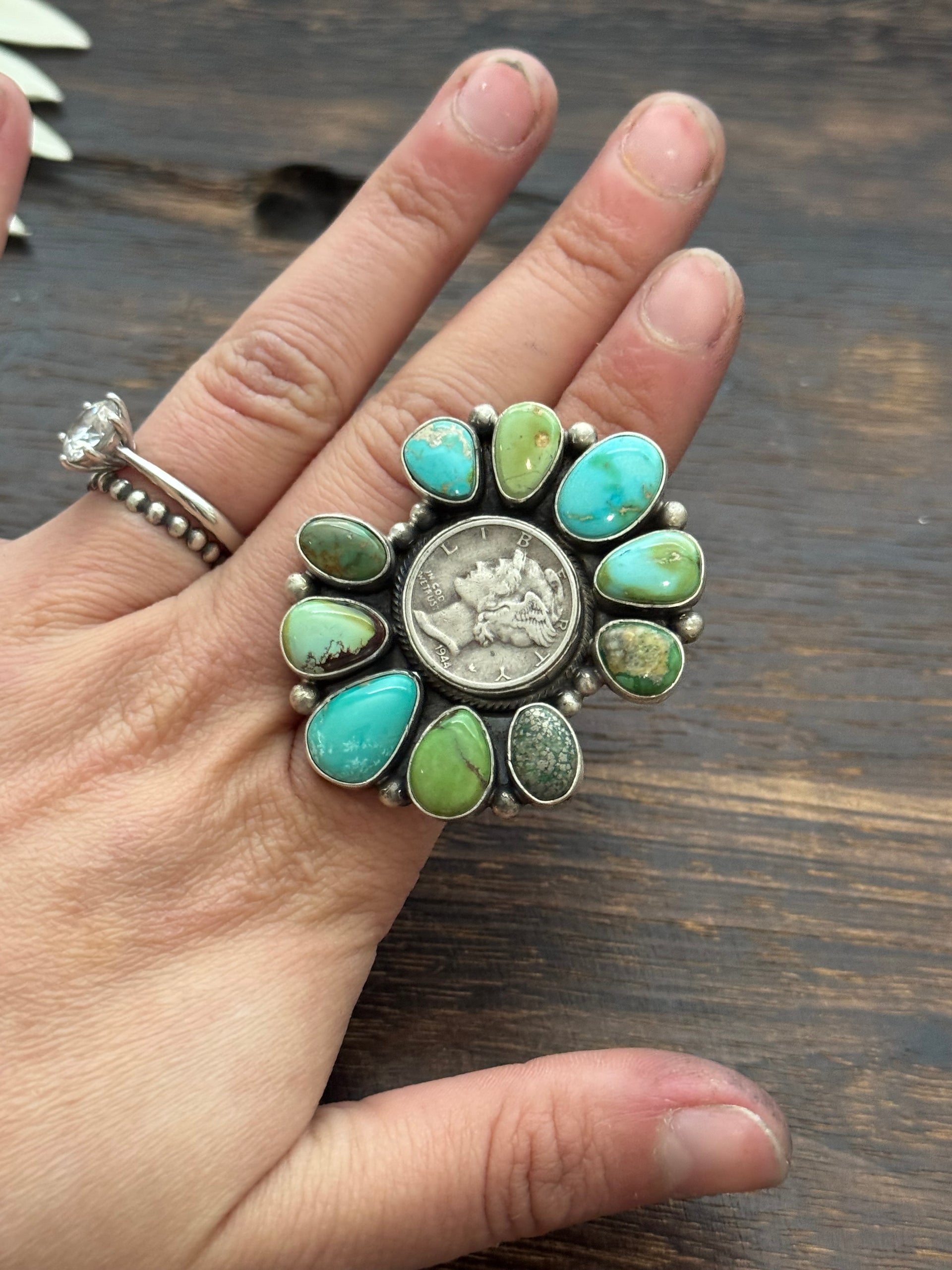 Dave Skeets Multi Stone & Sterling Silver Cluster Liberty Coin Ring Size 8.5