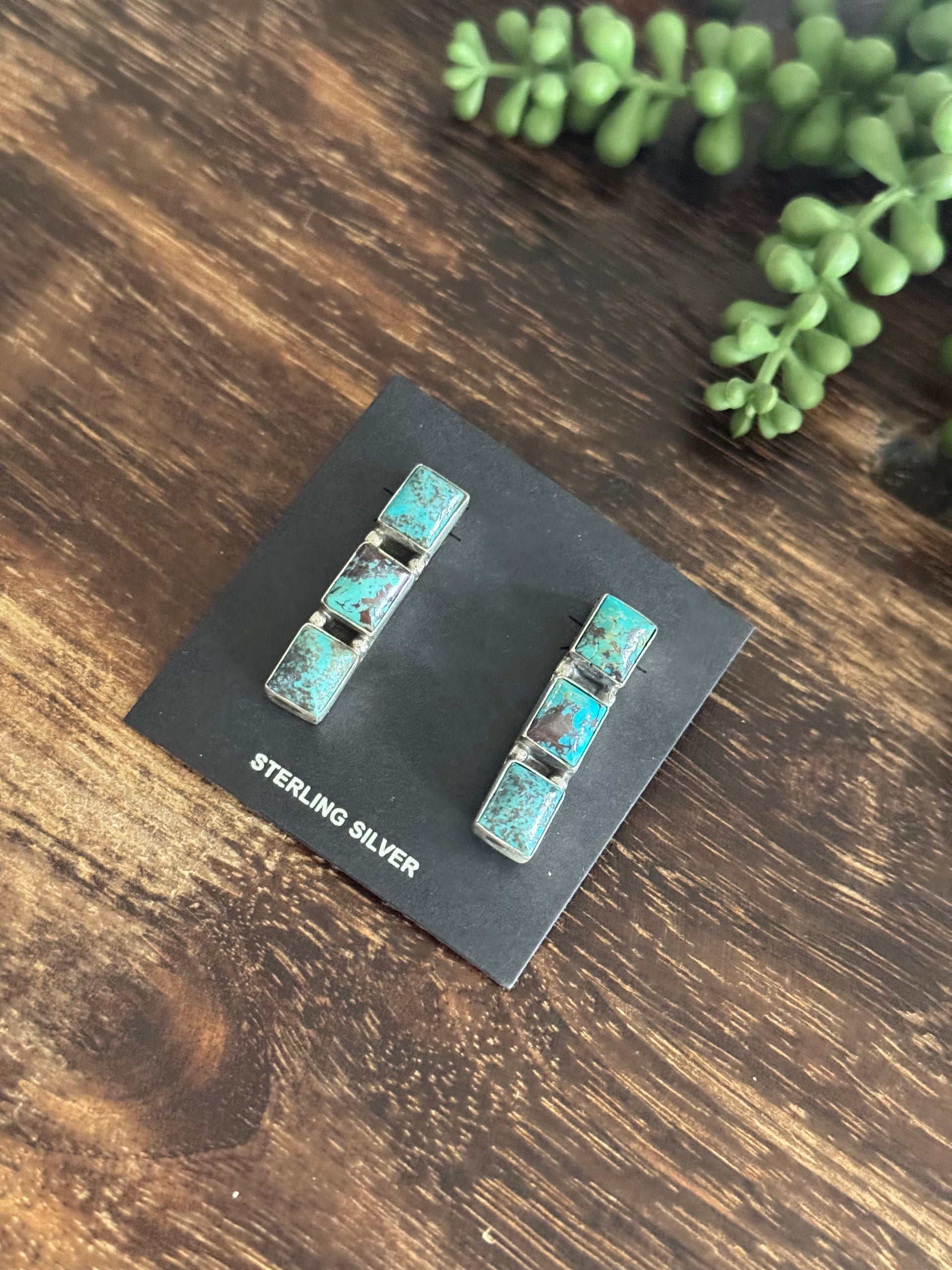 Navajo Made Red Skin Turquoise & Sterling Silver Post Dangle Cluster Earrings