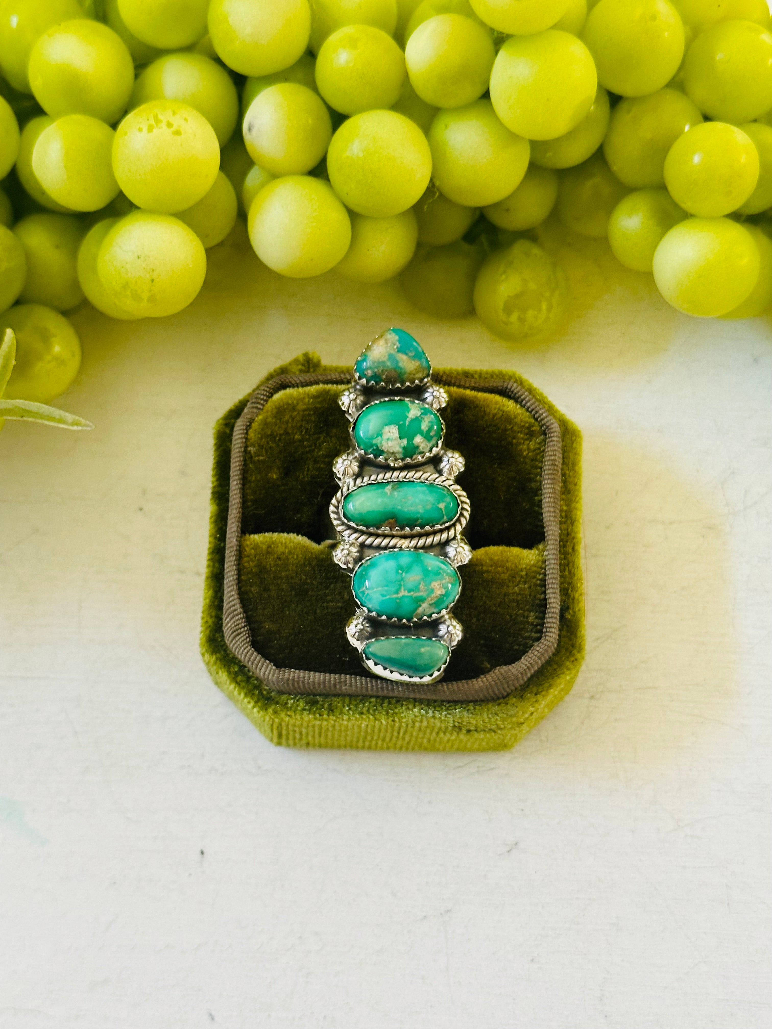 Southwest Handmade Emerald Valley Turquoise & Sterling Silver Adjustable Cluster Ring