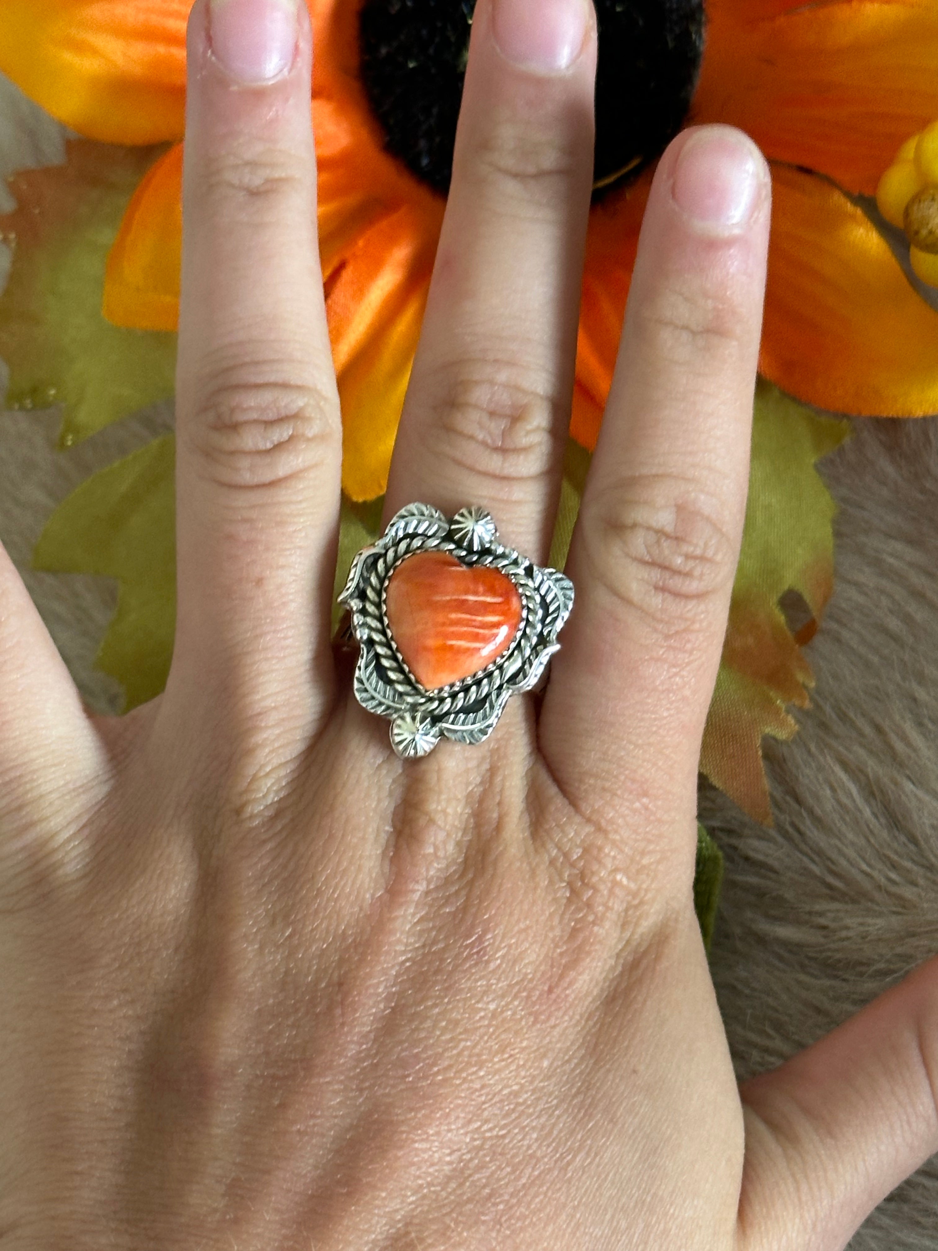 Southwest Handmade Spiny Oyster & Sterling Silver Adjustable Heart Ring