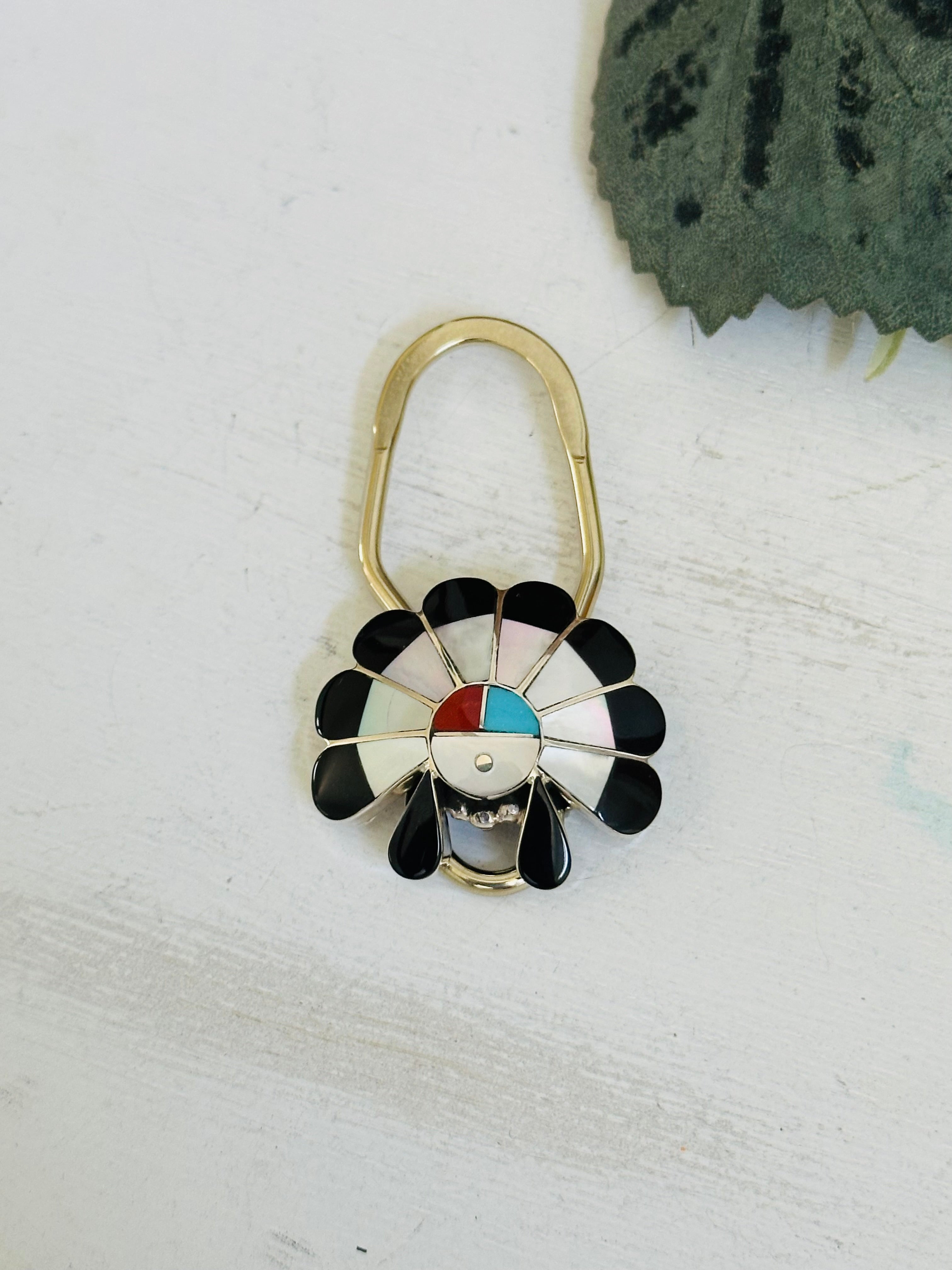 Zuni Made Sunface Inlay & Sterling Silver Keychain