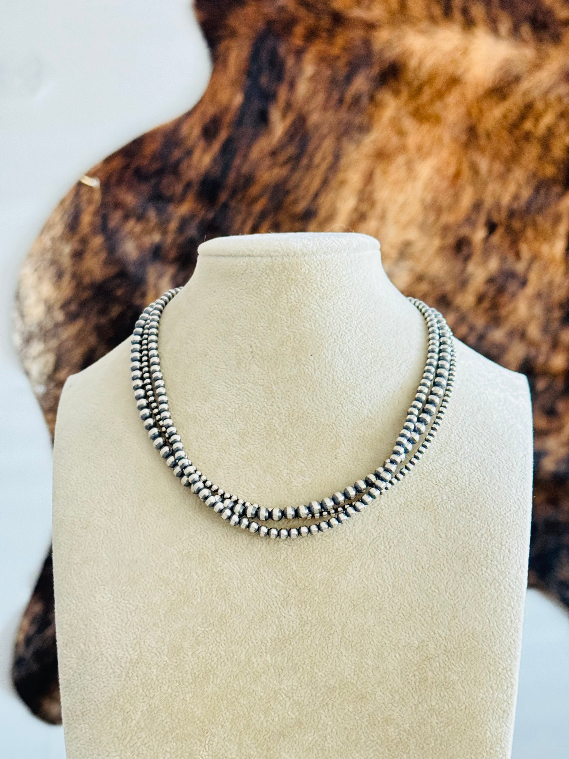 Navajo Strung 3 Strand Sterling Silver Pearls Beaded Necklace