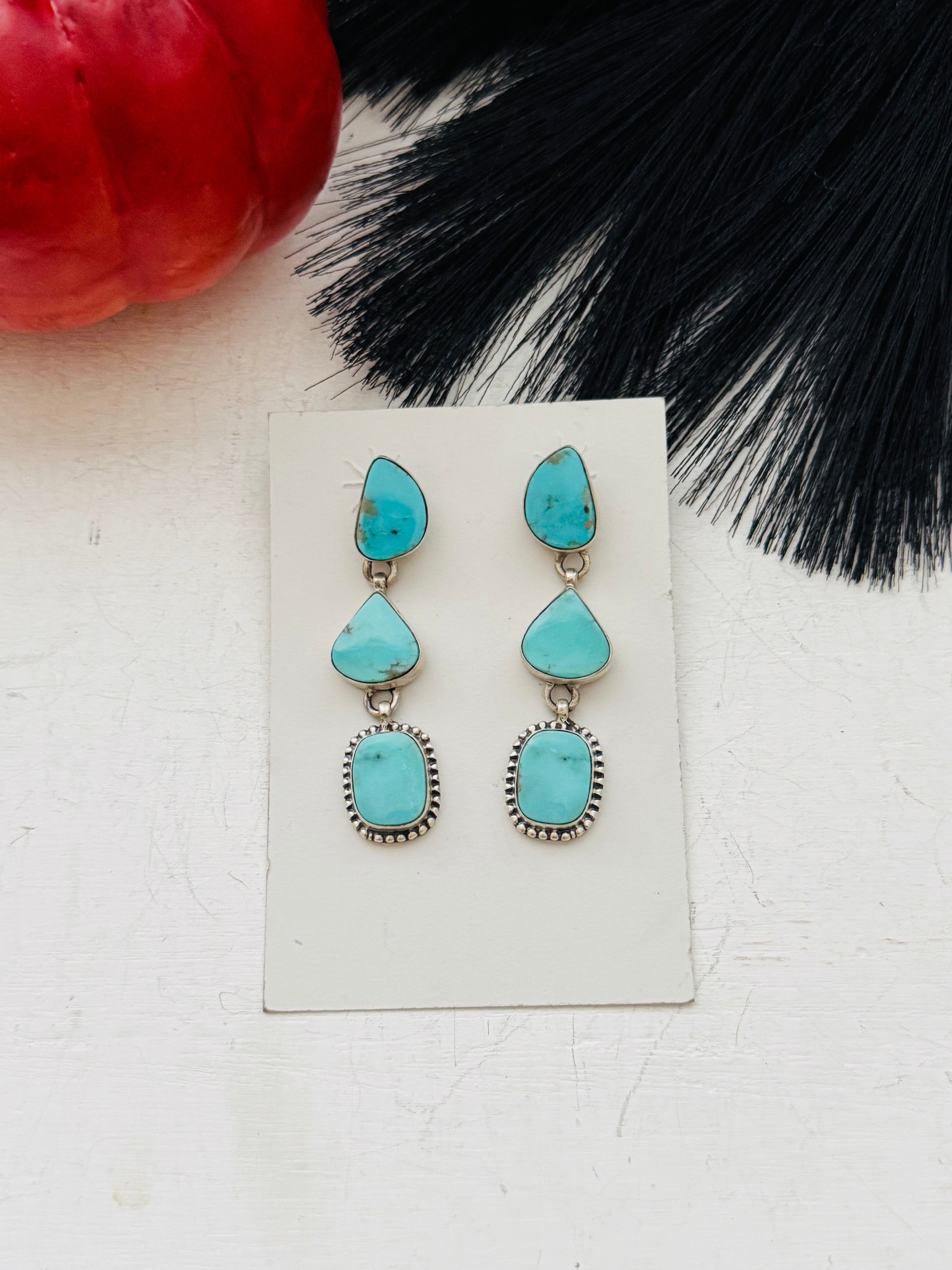 Southwest Handmade Kingman Turquoise & Sterling Silver Post Dangle Earrings