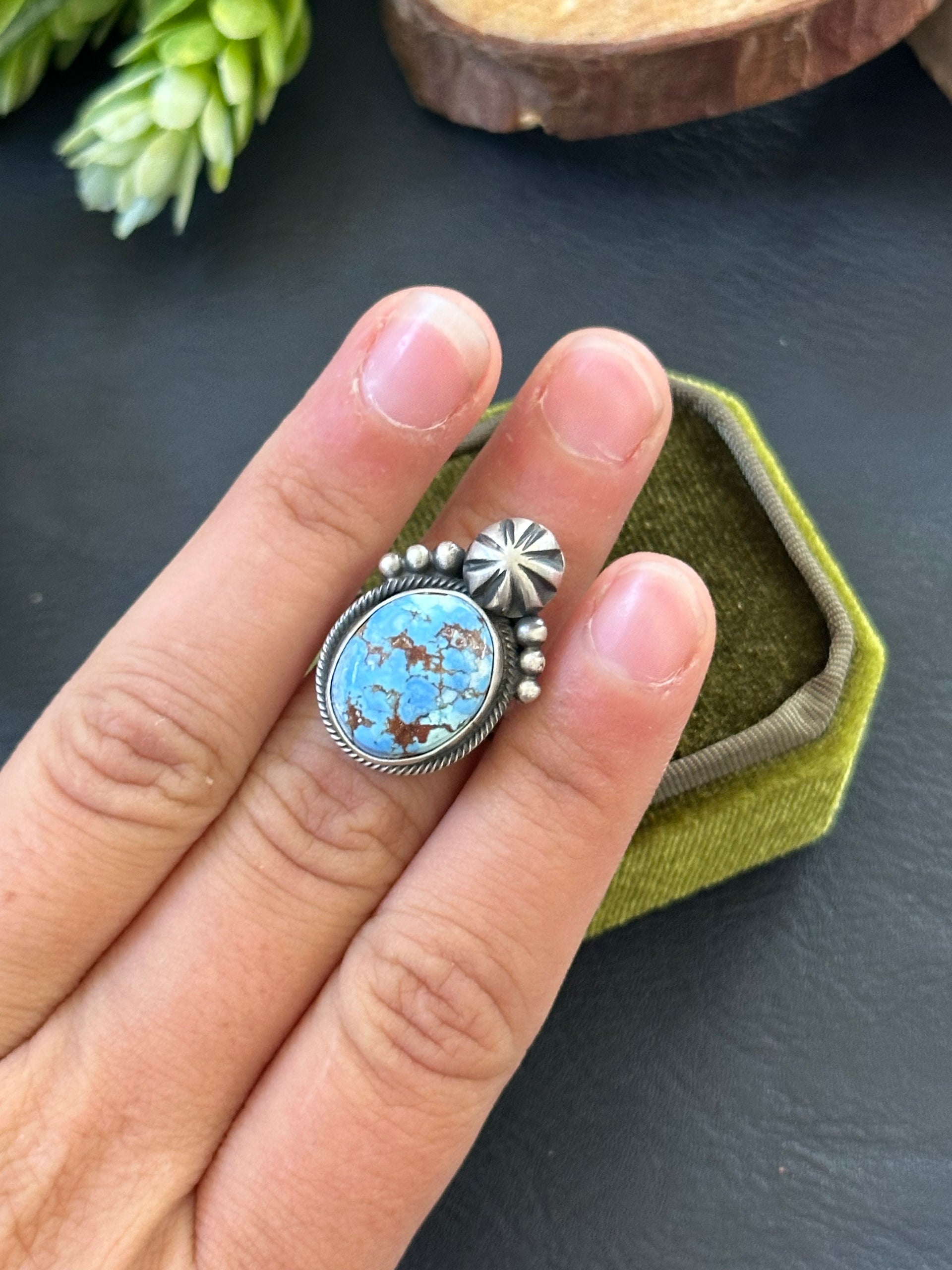 Marie Tsosie Golden Hills Turquoise & Sterling Silver Ring Size 5.25