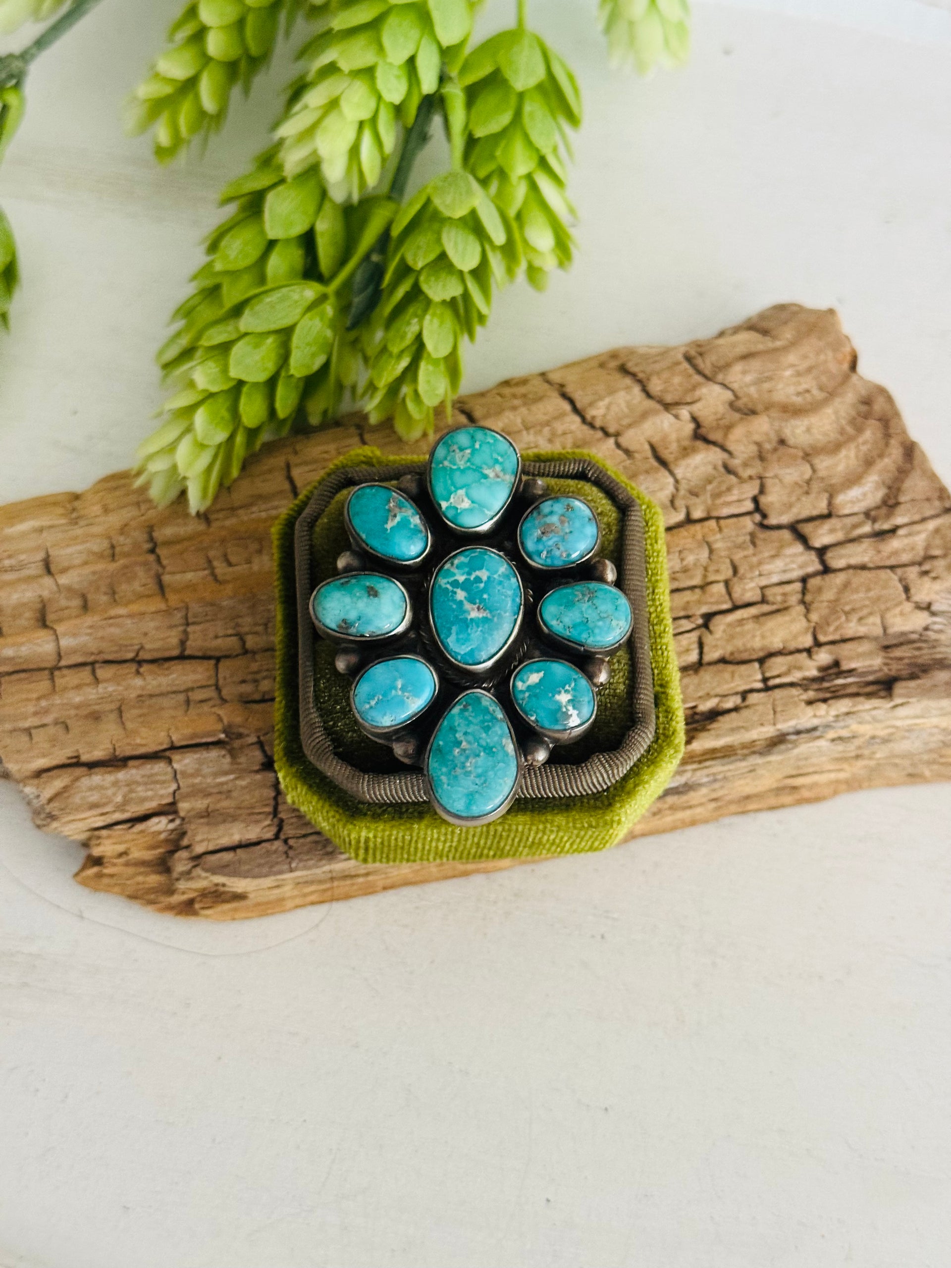 Navajo Made White Water Turquoise & Sterling Silver Cluster Ring Size 9.5