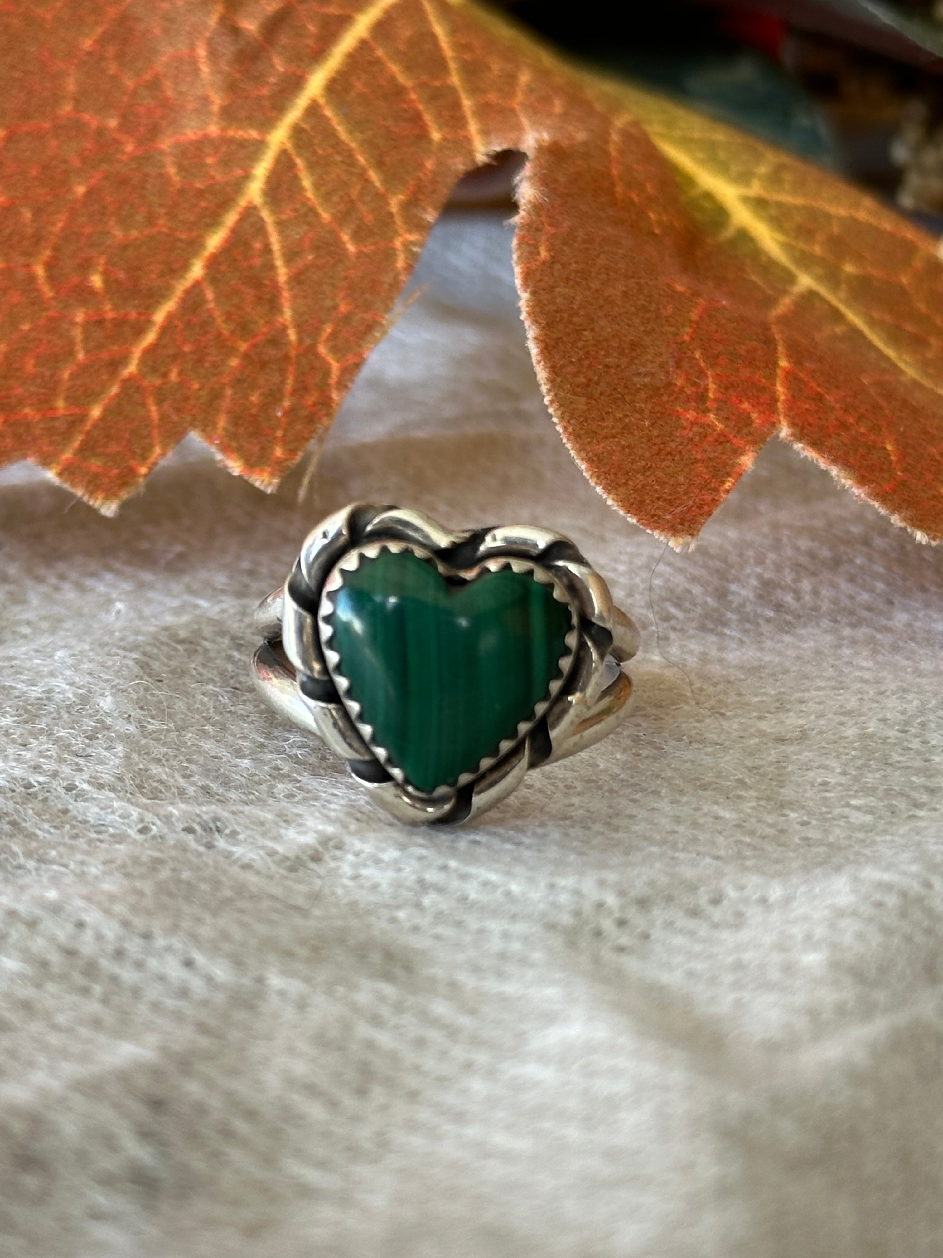 Navajo Made Malachite & Sterling Silver Heart Ring