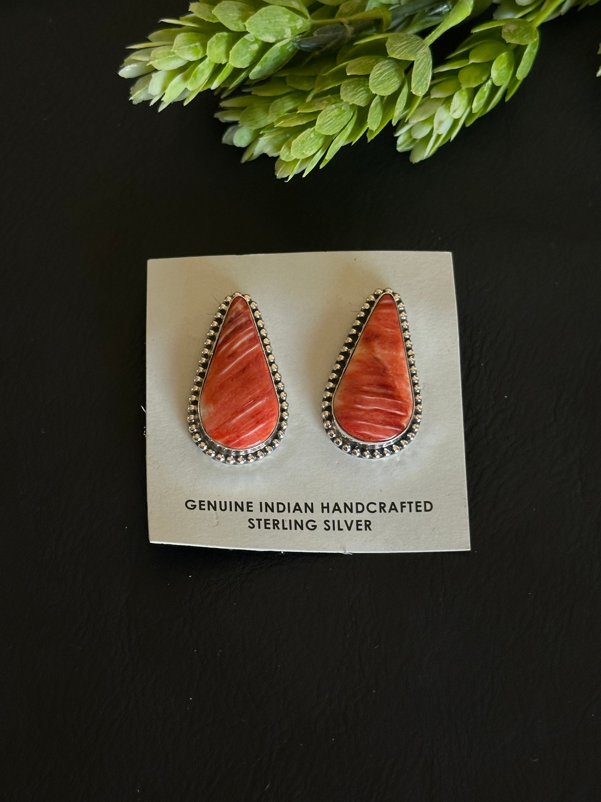 Navajo Made Red Spiny Oyster & Sterling Silver Post Earrings