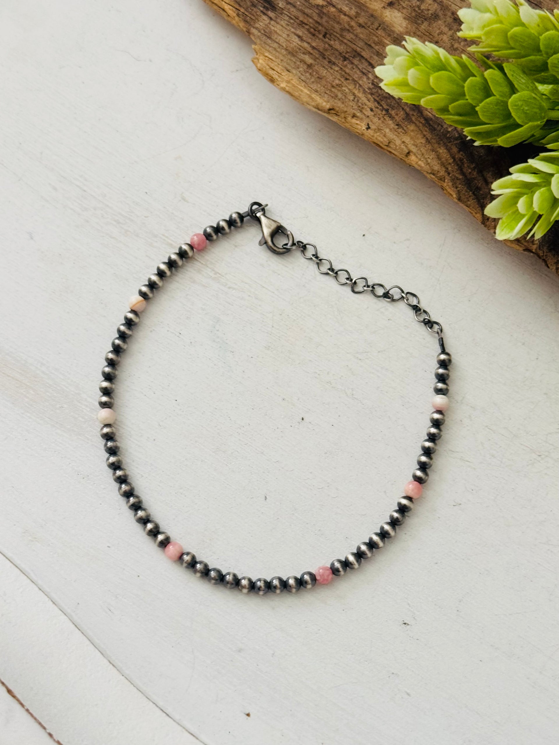 Navajo Made Pink Conch & Sterling Silver Strung Anklet