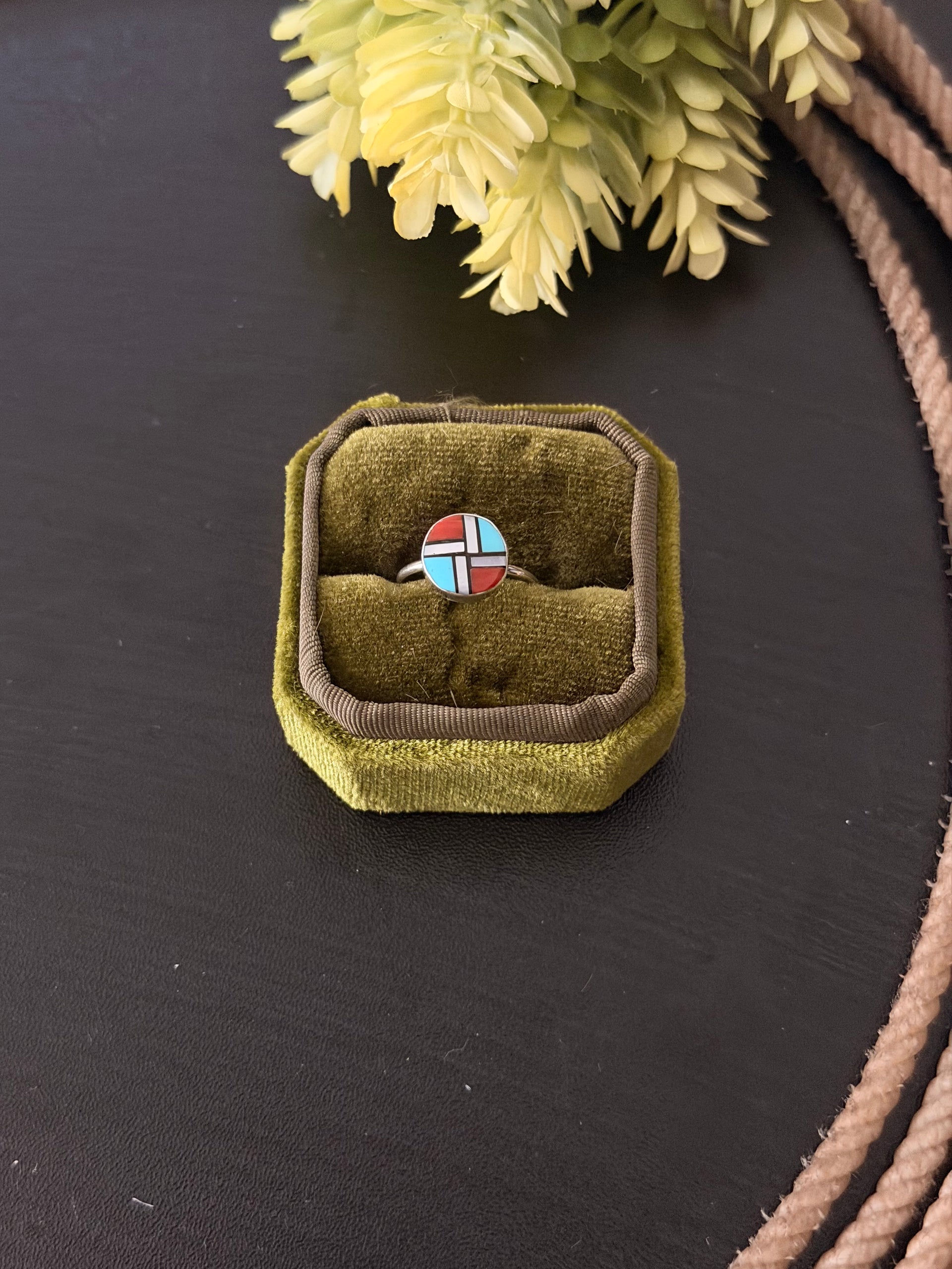 Zuni Made Multi Stone & Sterling Silver Inlay Ring Size 5.75