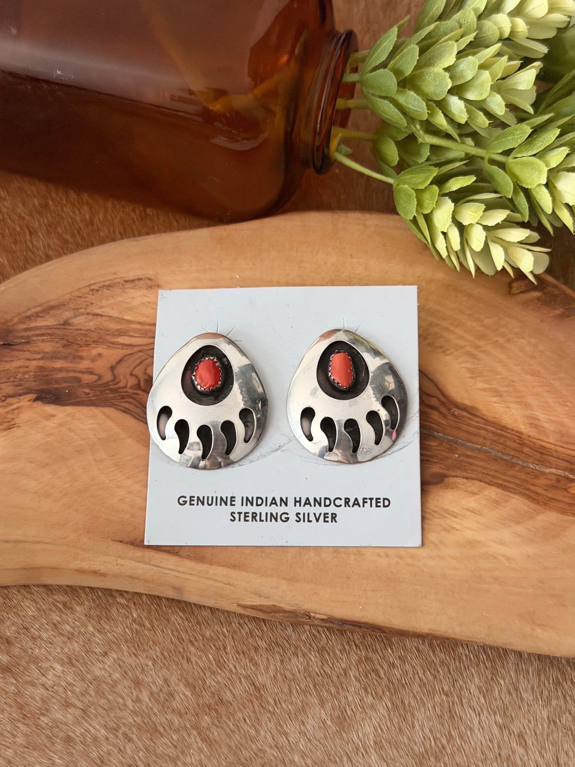 Navajo Made Coral & Sterling Silver Post Bear Claw Earrings