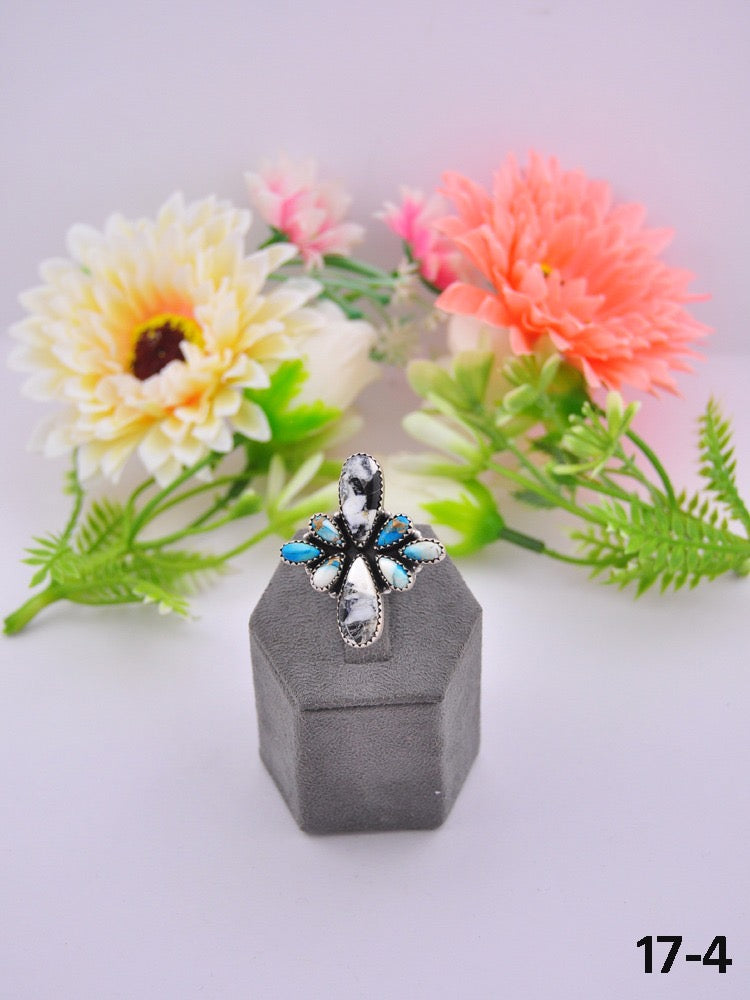 Southwest Made Multi Stone & Sterling Sliver Cluster Adjustable Ring