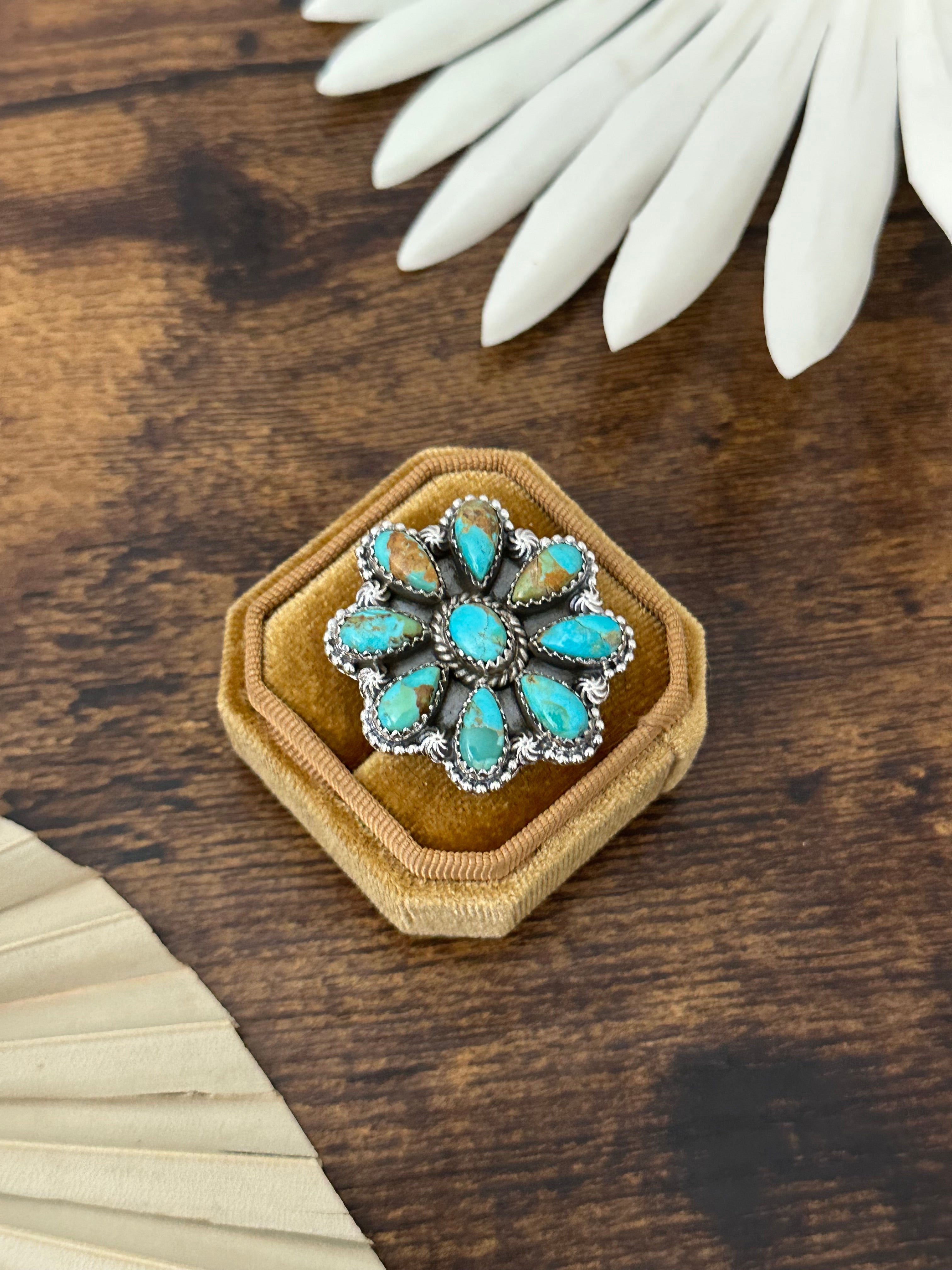 Southwest Handmade Kingman Turquoise & Sterling Silver Adjustable Cluster Ring